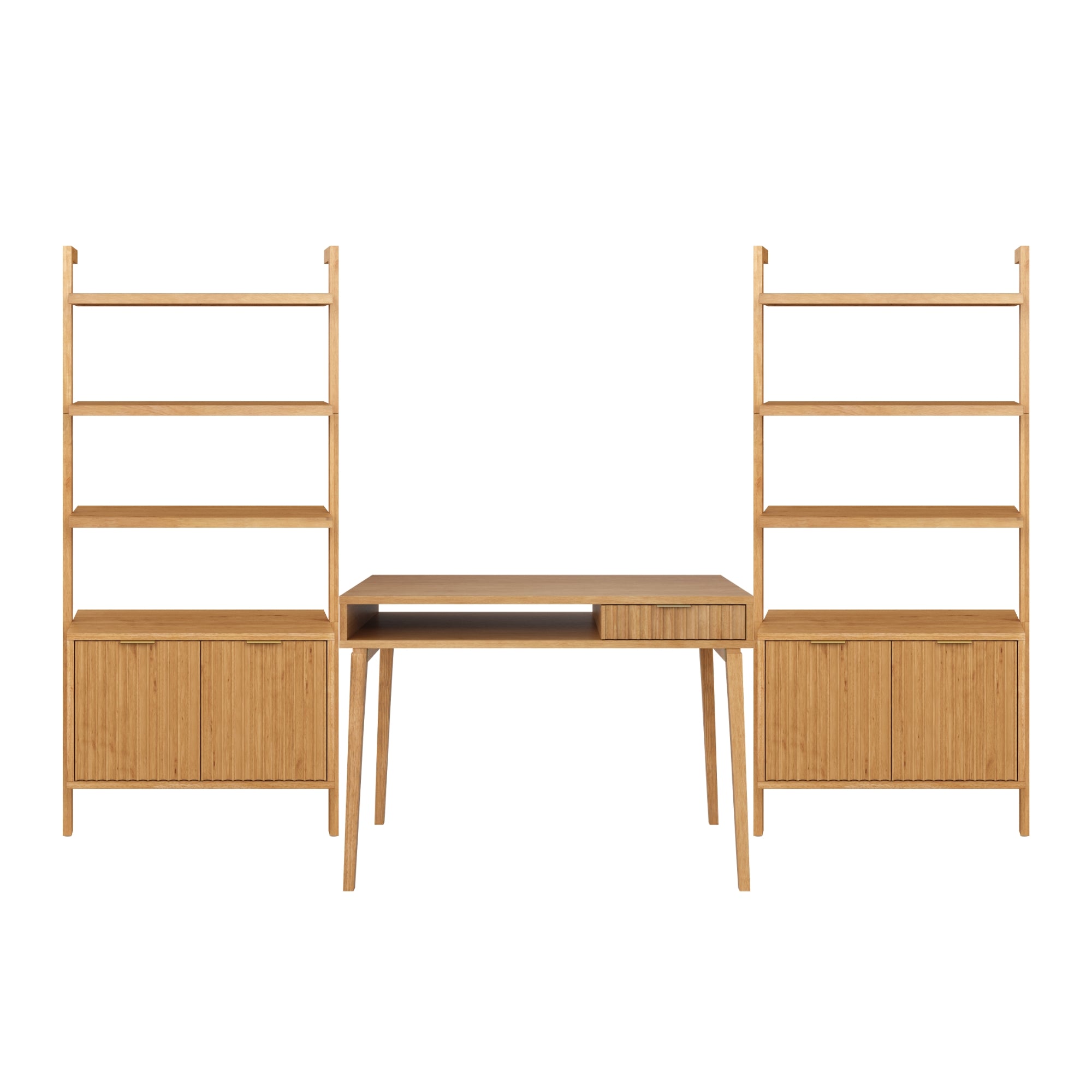 A wooden desk with an open drawer in the center is flanked by two matching bookshelves, each featuring three open shelves above a closed cabinet at the bottom. The furniture has a light wood finish and minimalist design.