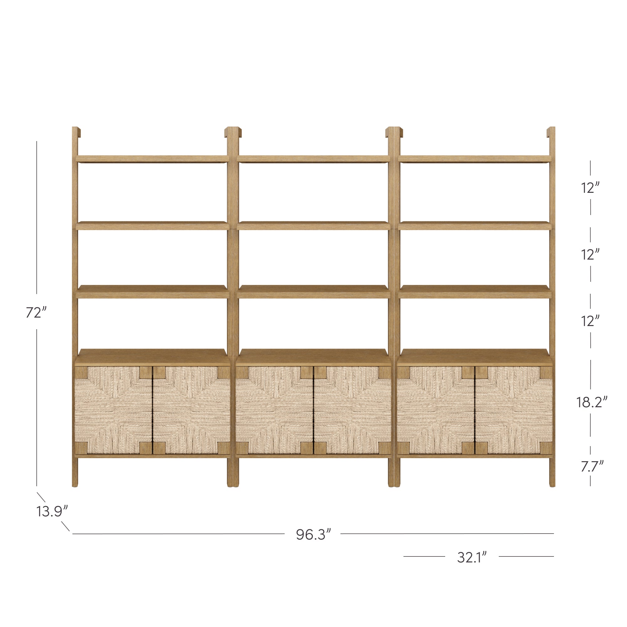 A wooden shelving unit with three columns, each featuring three open shelves above and a cabinet with two doors below. Dimensions are marked: 72 tall, 96.3 wide, and 13.9 deep. Shelf and cabinet heights are labeled.