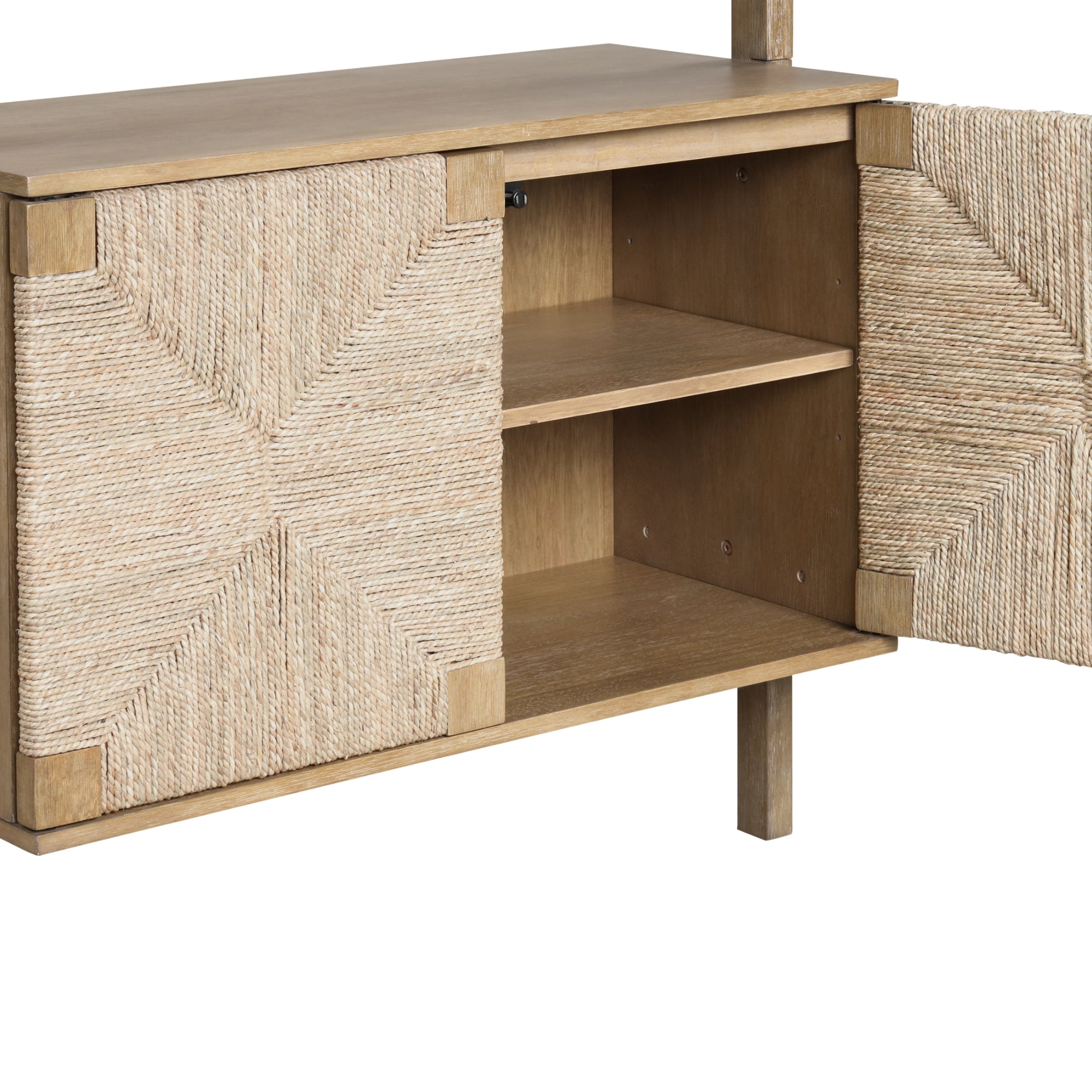 Wooden cabinet with two open doors, revealing two interior shelves. The doors feature a textured, woven rope design arranged in a geometric pattern. The cabinet is elevated on four legs.