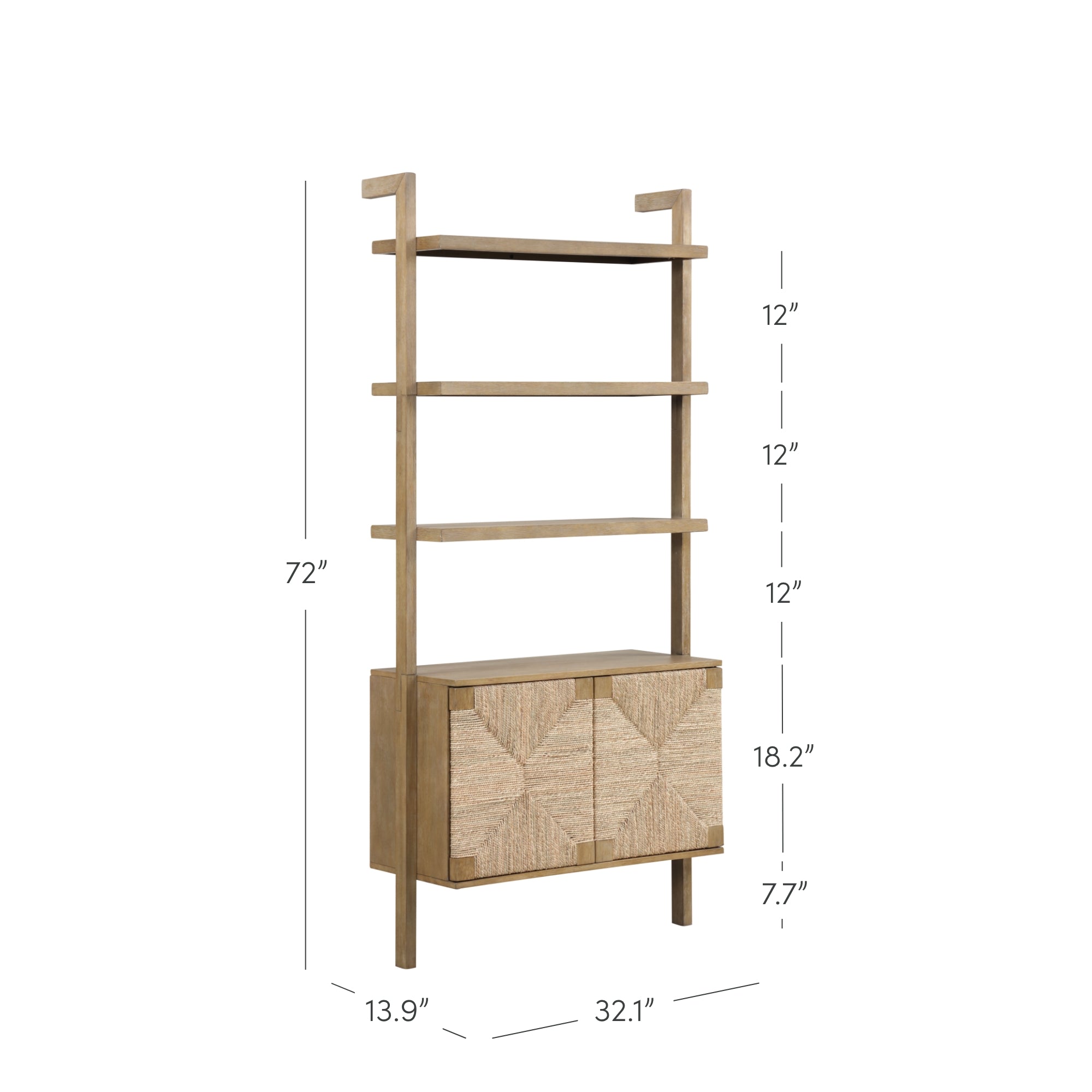 A wooden shelving unit with three open shelves, a lower cabinet with two woven doors, and four legs. Dimensions: 72 tall, 32.1 wide, 13.9 deep. Shelf heights are 12; cabinet is 18.2 high with a 7.7 base.