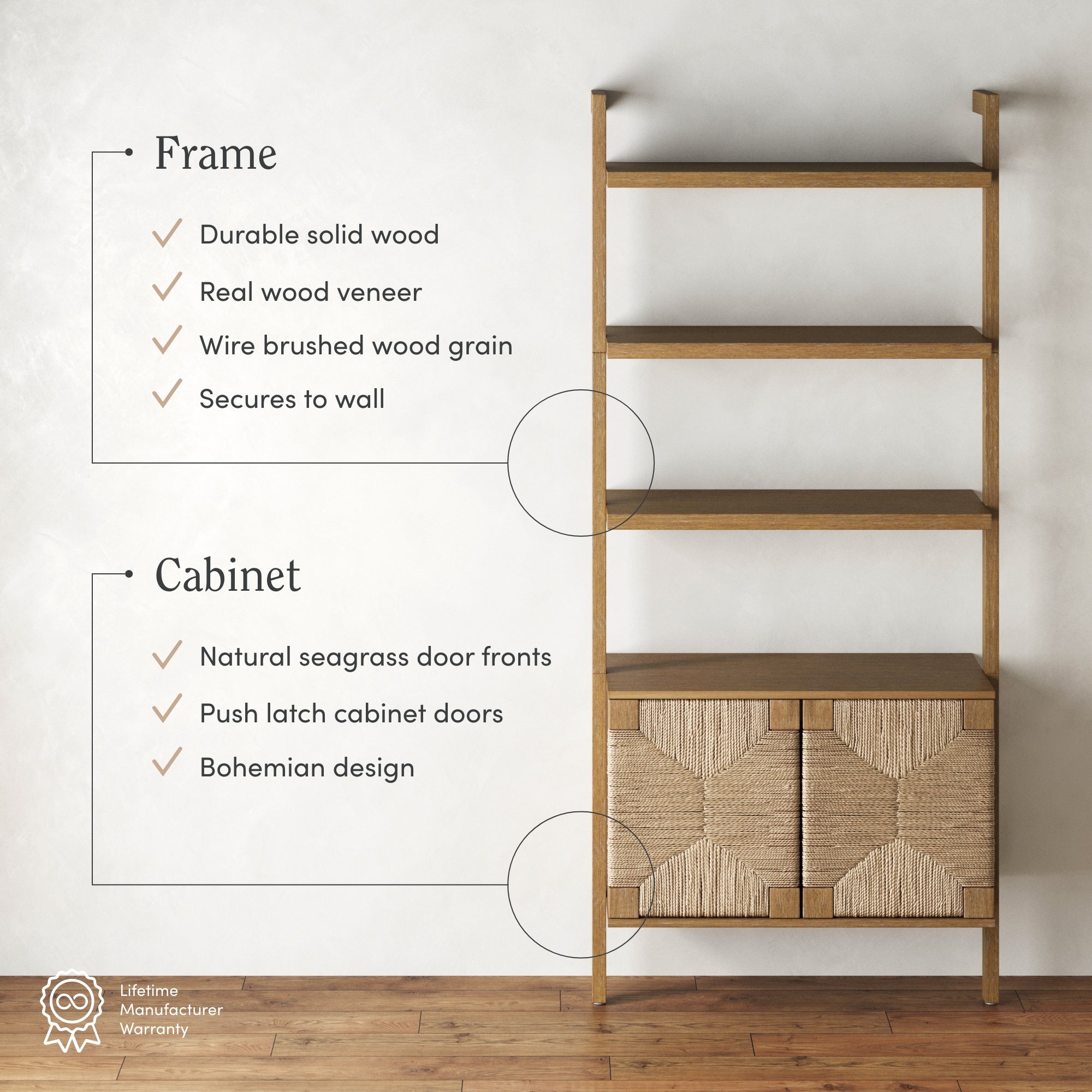 A tall wooden shelving unit with open shelves above and a cabinet below featuring patterned seagrass doors. Text lists features of the frame and cabinet, with a modern, minimalist background.