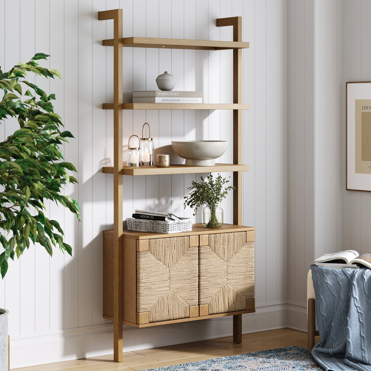 Seagrass Wall Bookshelf with Doors Light Brown - Nathan James
