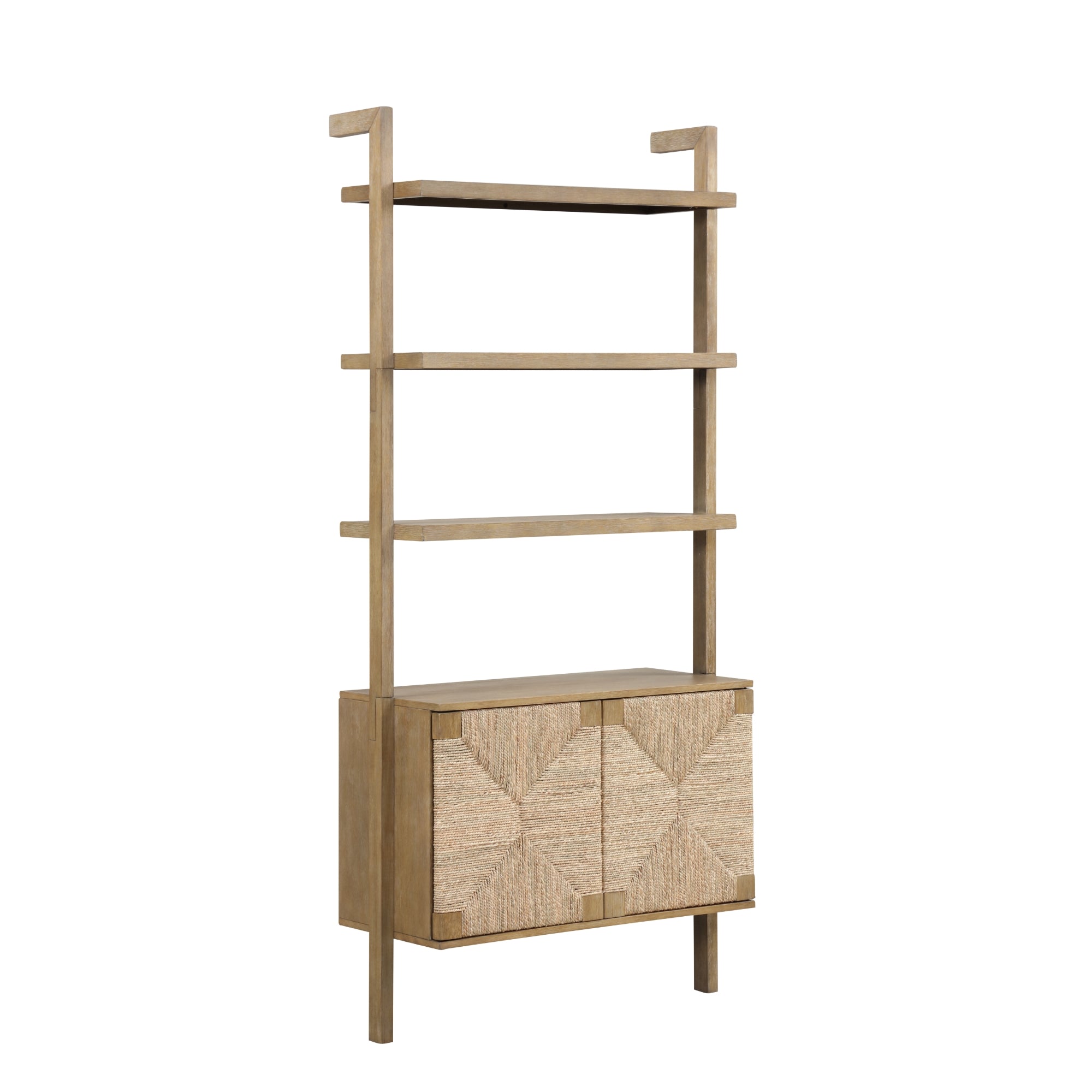 Tall wooden shelving unit with three open shelves and a lower cabinet featuring two textured doors with a geometric pattern. The unit has a natural wood finish and a modern, minimalist design.