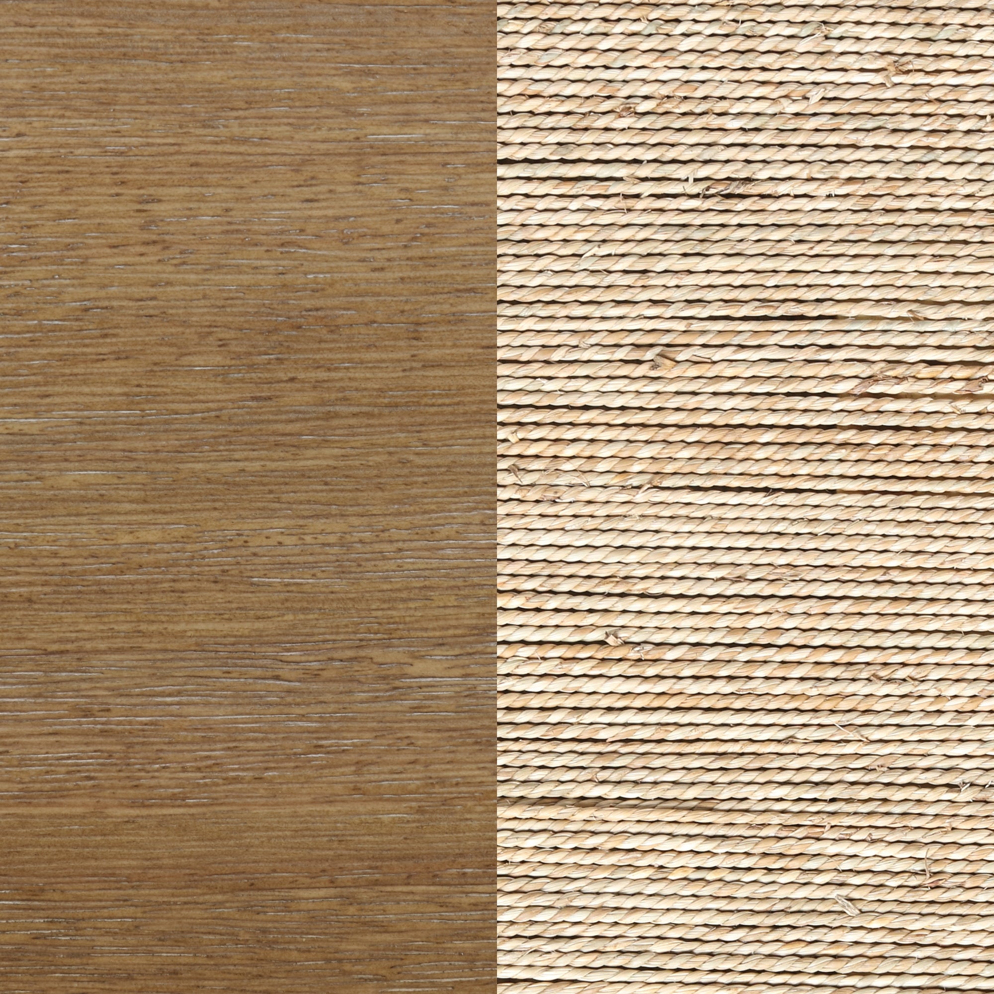 The image is split vertically; the left side shows smooth, light brown wood, while the right side displays a textured, woven straw or rope mat in light beige tones.