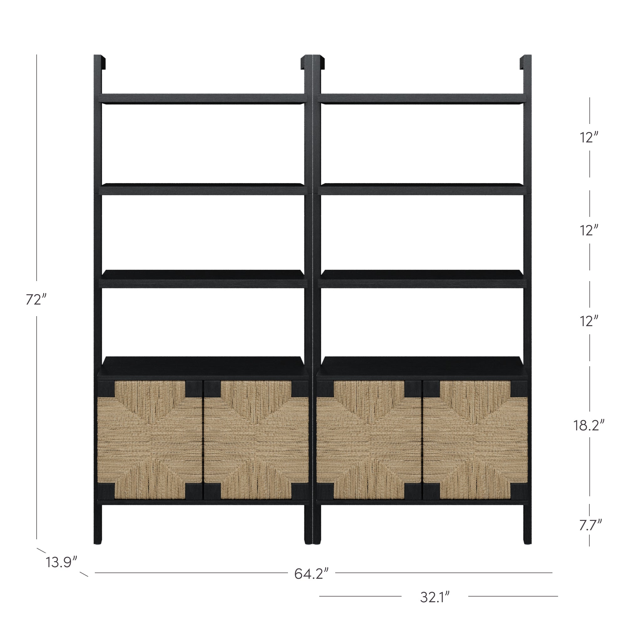 A black double bookshelf with four open shelves and four woven storage cabinets at the bottom. Dimensions are labeled: 72 tall, 64.2 wide, 13.9 deep, and varied shelf heights.