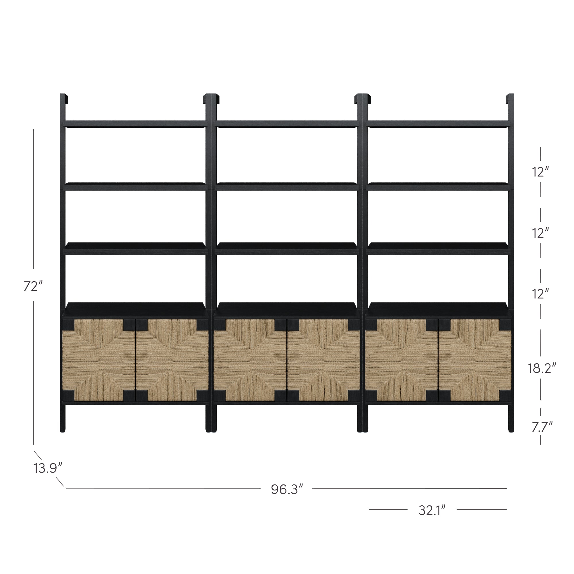 Black triple shelving unit with three sets of open shelves above six woven textured cabinet doors at the bottom. Dimensions are labeled: 72 tall, 96.3 wide, 13.9 deep, with individual shelf and cabinet heights marked.