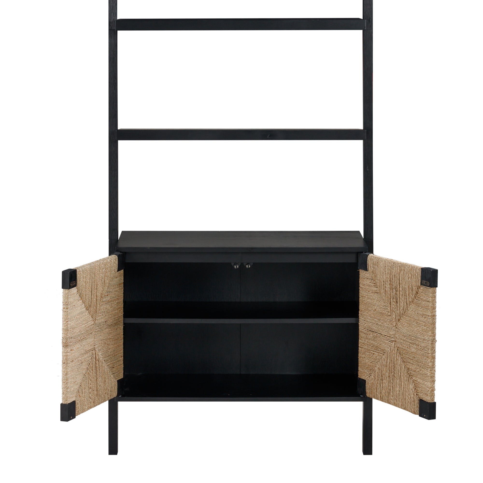 A black shelving unit with two lower cabinet doors open, revealing two interior shelves; the cabinet doors feature a woven textured pattern in a natural color.