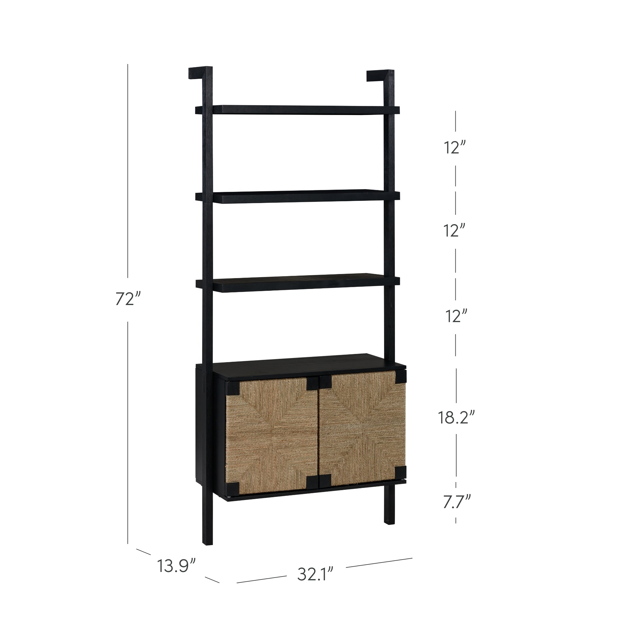 A tall black shelving unit with three open shelves and a two-door cabinet at the bottom with a woven pattern, shown with dimensions: 72 high, 32.1 wide, 13.9 deep. Shelf and cabinet heights are also labeled.
