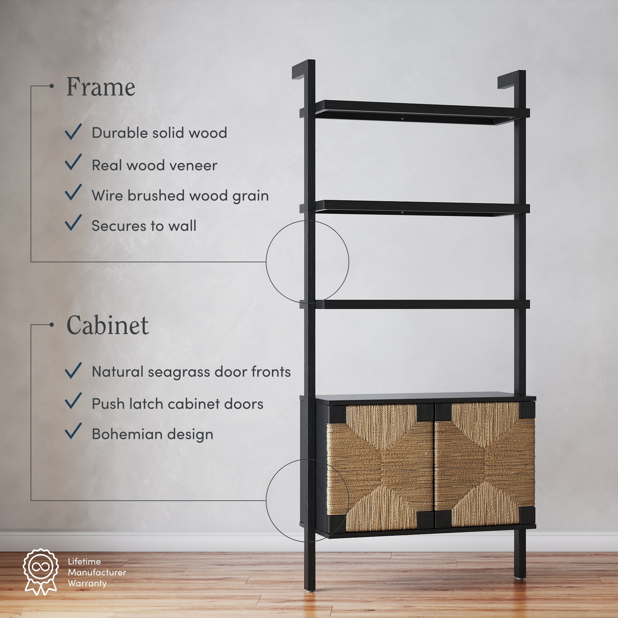 A black metal shelving unit with three open shelves and a cabinet at the bottom featuring woven seagrass doors. Text highlights features of the frame and cabinet. Background is a plain white wall and wooden floor.
