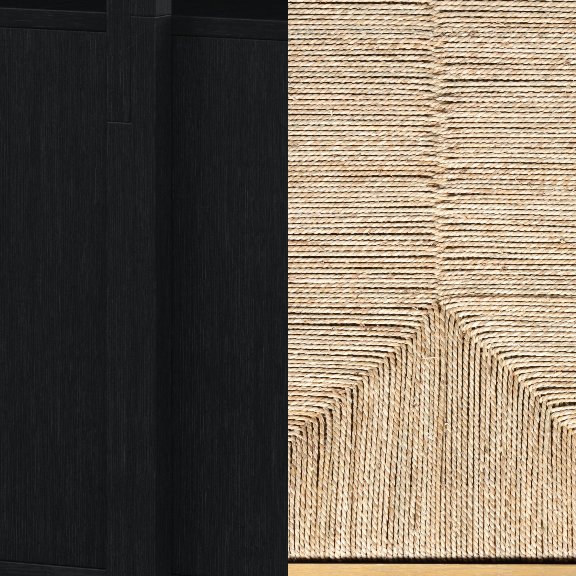 Close-up of a chair showing a dark wooden frame on the left and a tightly woven, light-colored rattan or cord seat on the right, highlighting the contrast in textures and materials.