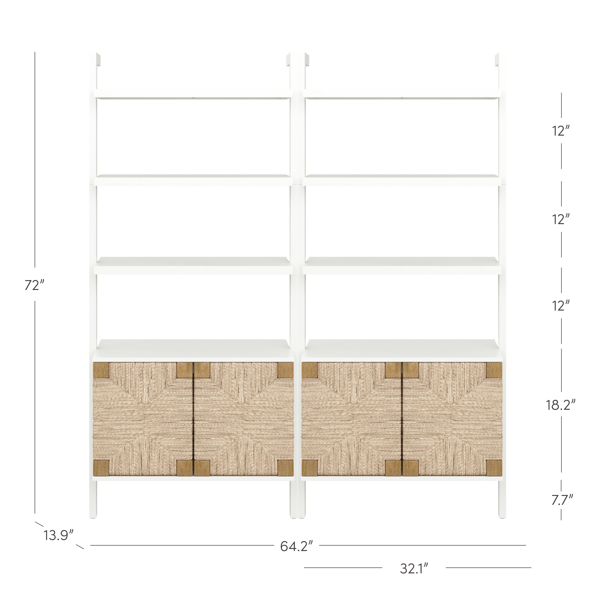 White shelving unit with two sections, each featuring three open shelves above and a woven wood-patterned cabinet below. Dimensions are labeled in inches for height, width, shelf, and cabinet sizes.
