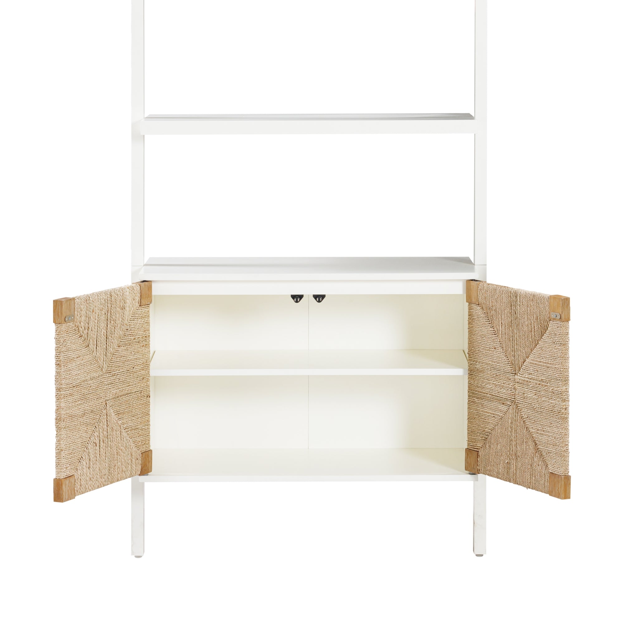 A white shelving unit with two open lower cabinet doors featuring a woven, natural material pattern and interior shelving. The upper part has open shelves.