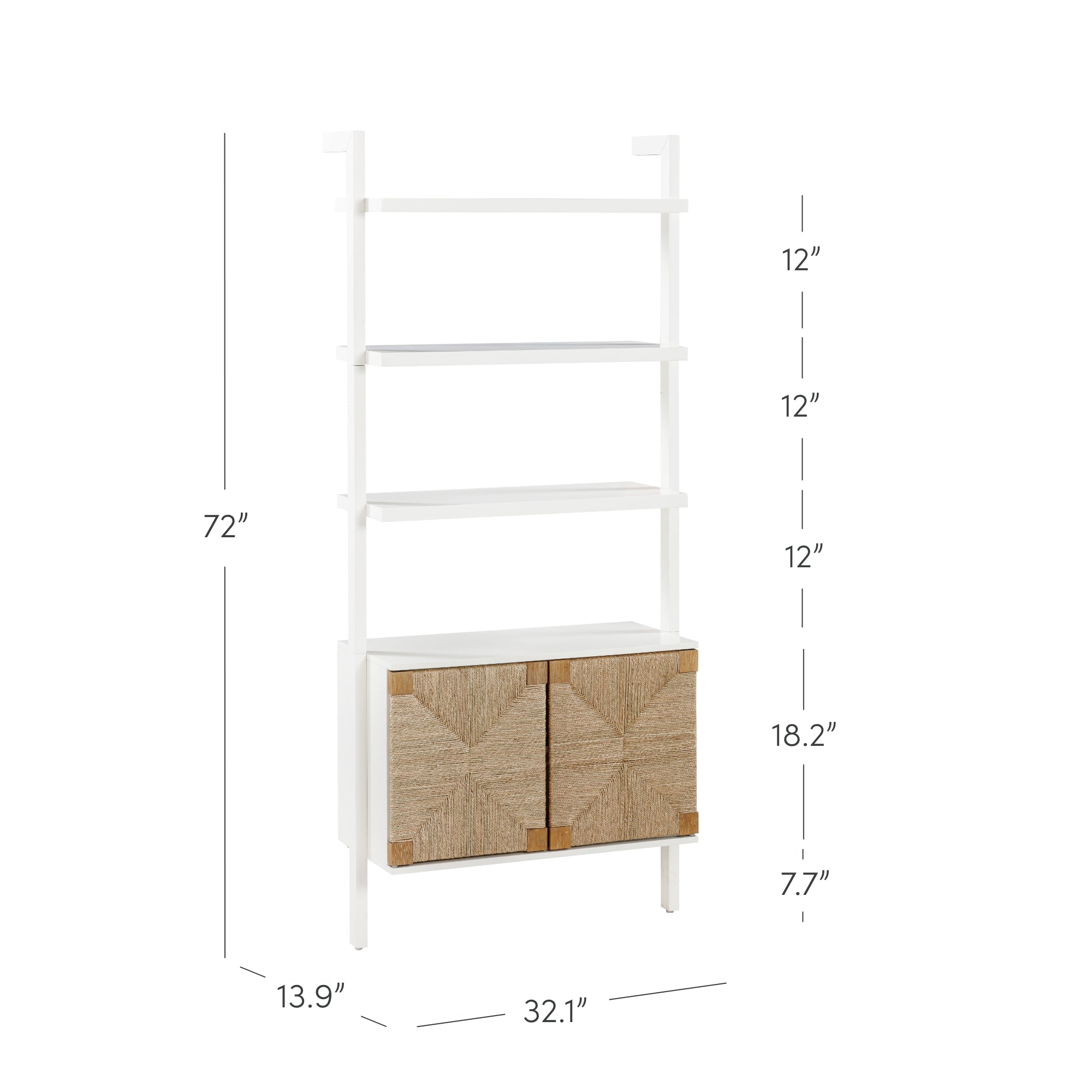 A white ladder-style shelving unit with three open shelves, a lower cabinet featuring textured wooden doors, and overall dimensions of 72 height, 32.1 width, and 13.9 depth. Shelf and cabinet heights are labeled.