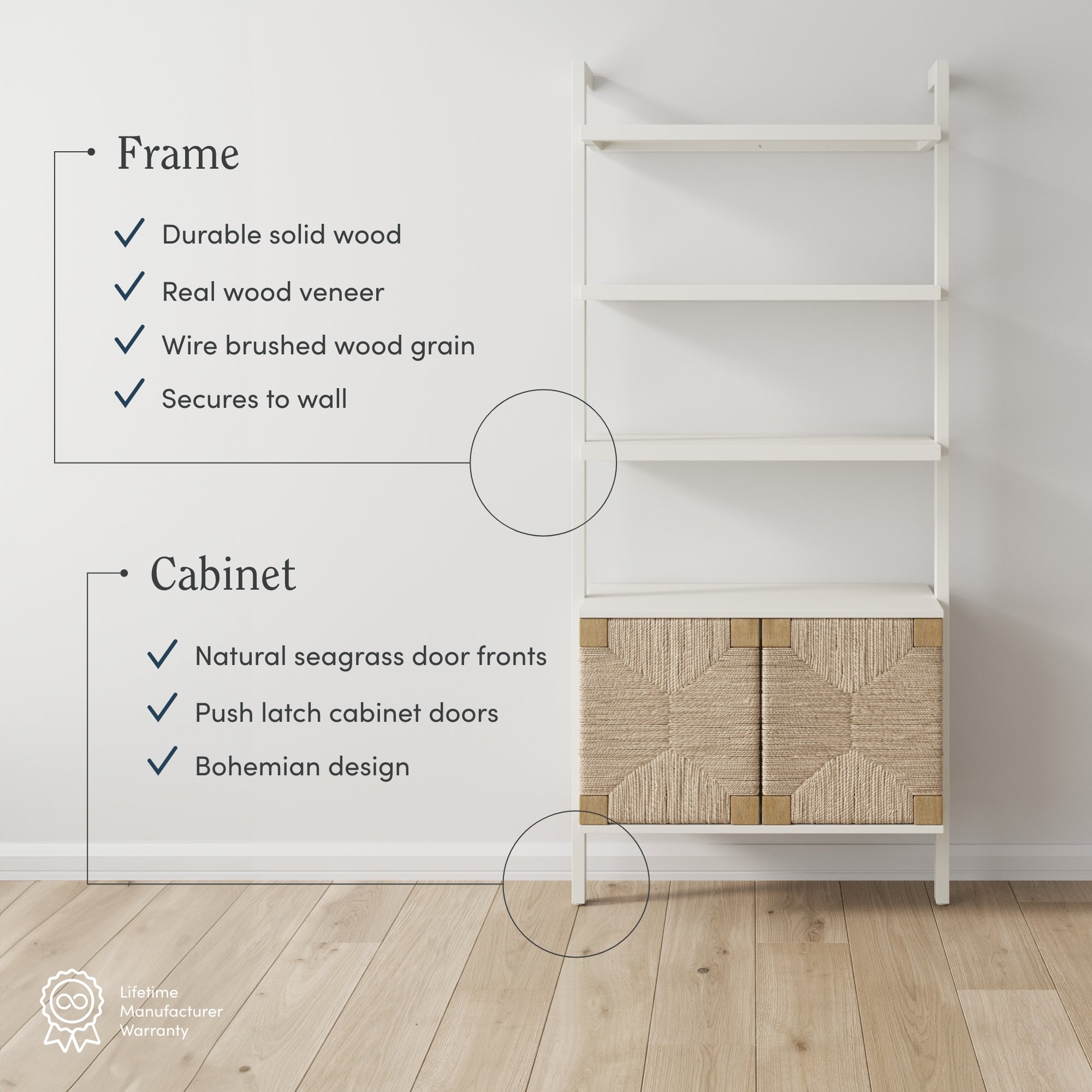 White shelving unit with solid wood frame and natural seagrass cabinet doors, set against a plain wall on wooden floor. Text highlights durability, wood veneer, secure mounting, and Bohemian design features.