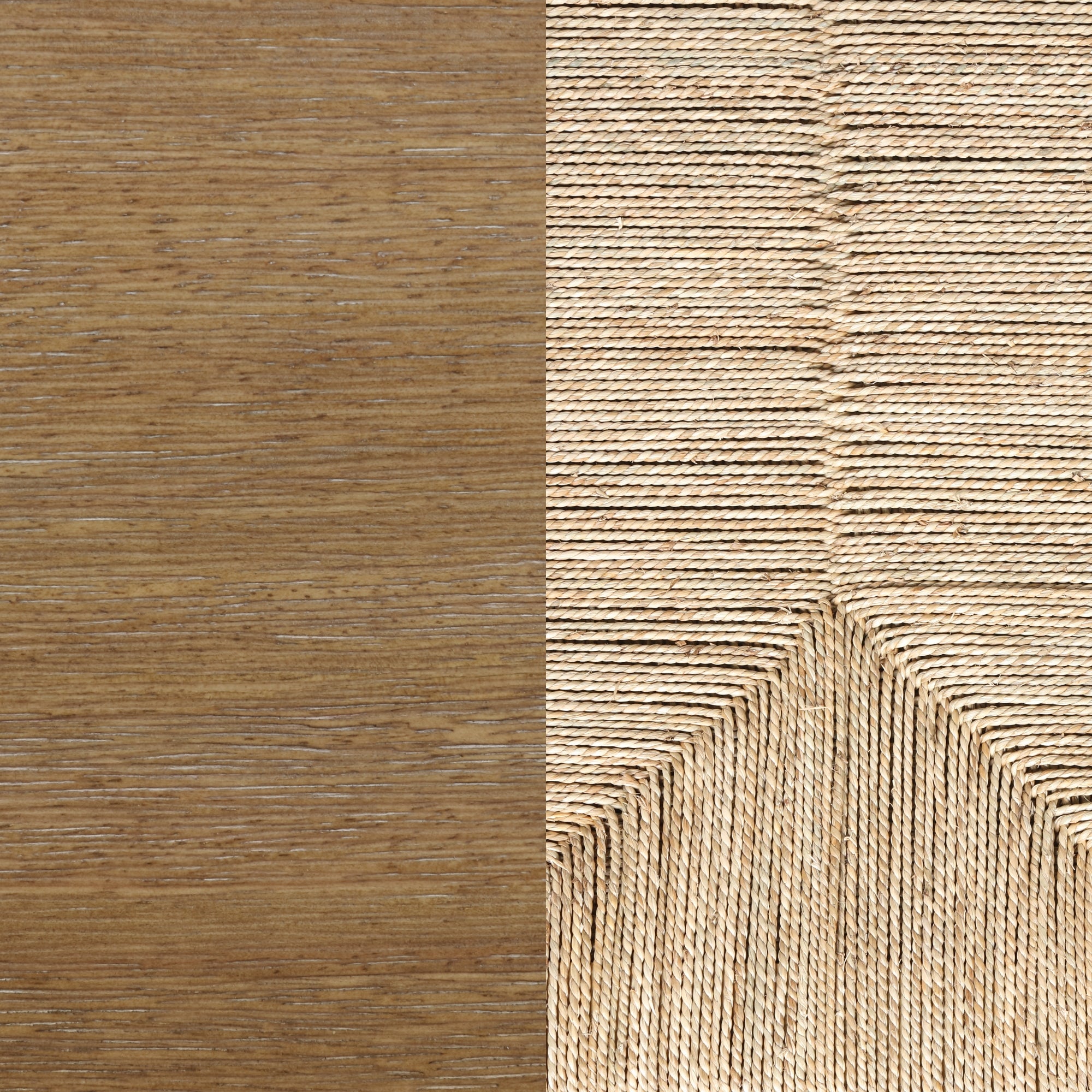 A close-up of two textures: the left side shows smooth, brown wood grain; the right side displays a geometric pattern made from tightly woven natural fiber or rope.