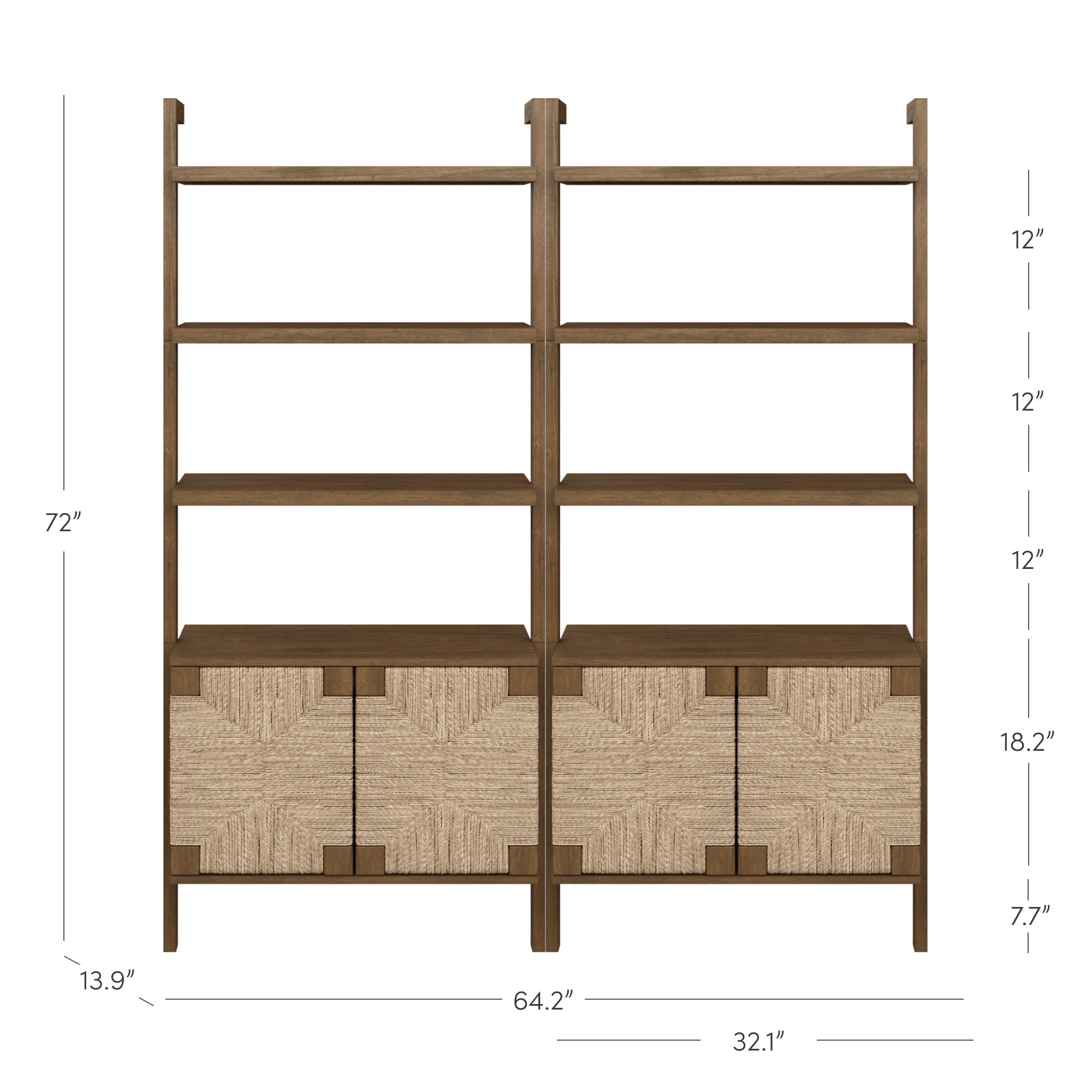 A wooden shelving unit with four open shelves on each side and two lower cabinets with textured, woven doors. Dimensions are labeled, showing the unit is 72 tall and 64.2 wide.