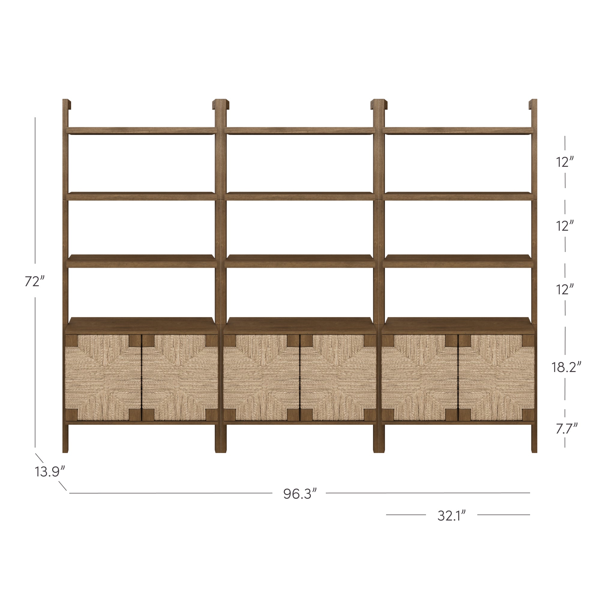A large wooden shelving unit with three vertical sections, open shelves on top, woven-pattern cabinet doors on the bottom, and labeled dimensions for height, width, and shelf spacing.