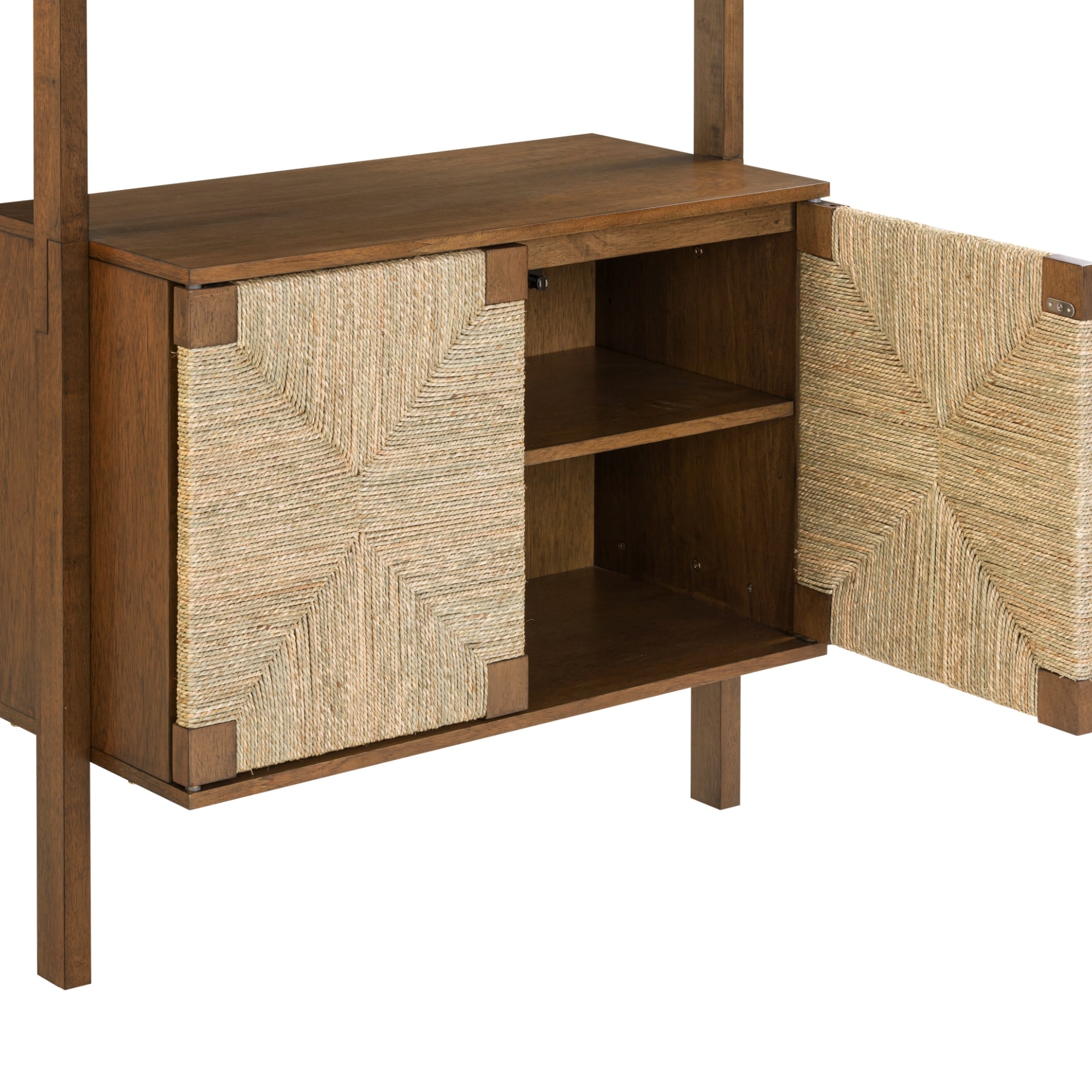 A wooden cabinet with two doors featuring woven panels; both doors are open to reveal two interior shelves. The wood is medium brown, and the woven panels have a natural fiber texture and color.