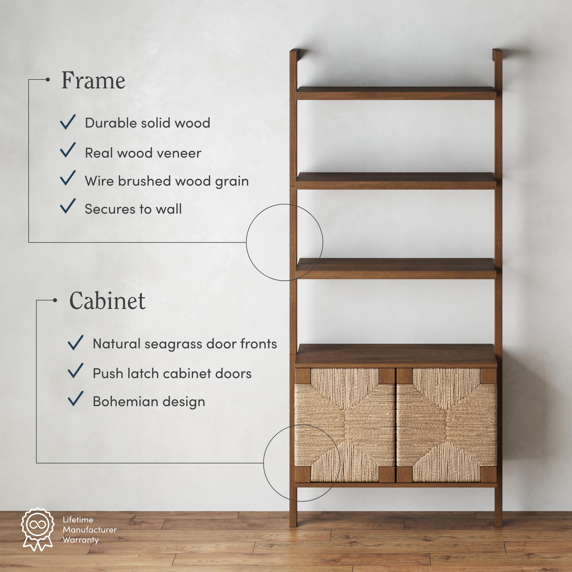 Tall wooden shelving unit with four open shelves and a cabinet at the bottom featuring natural seagrass woven doors. Text highlights frame and cabinet details, with warranty icon in the lower left corner.