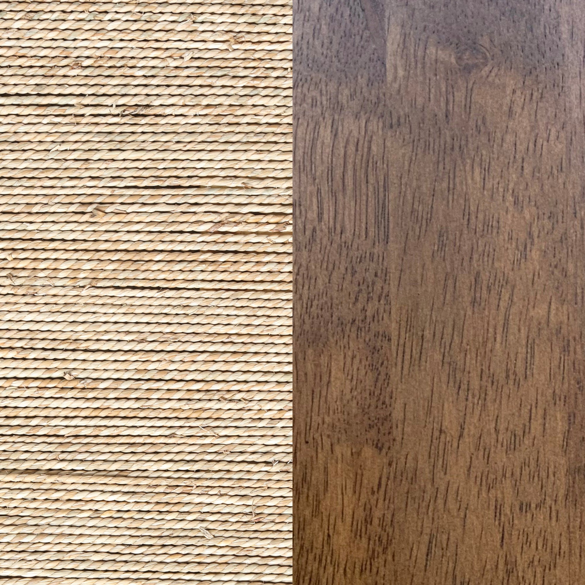 A close-up view showing two distinct surfaces side by side: woven beige rope on the left and smooth brown wood on the right.