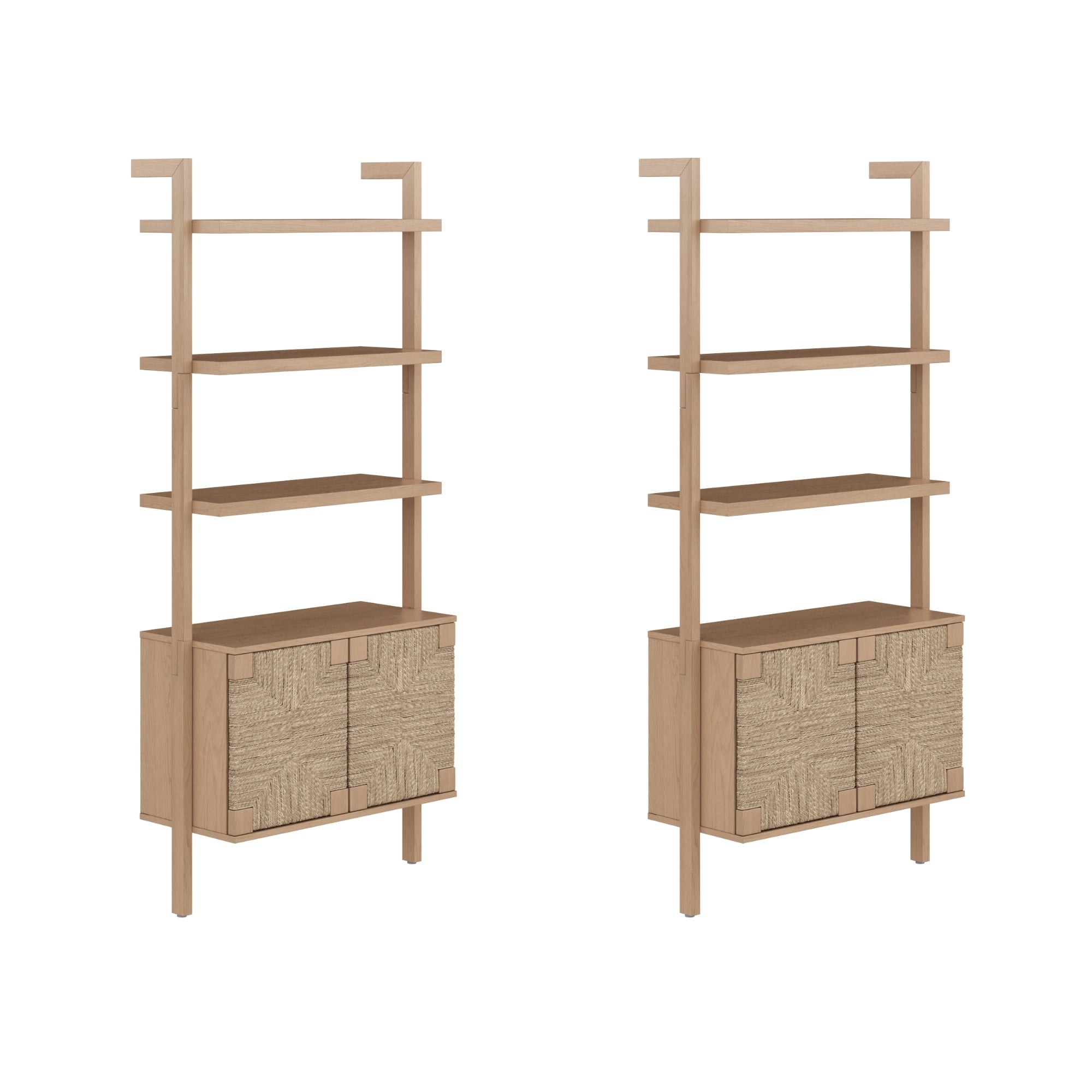 Two identical wooden shelving units each have three open shelves on top and a closed cabinet with textured doors at the bottom. The units are standing upright against a white background.