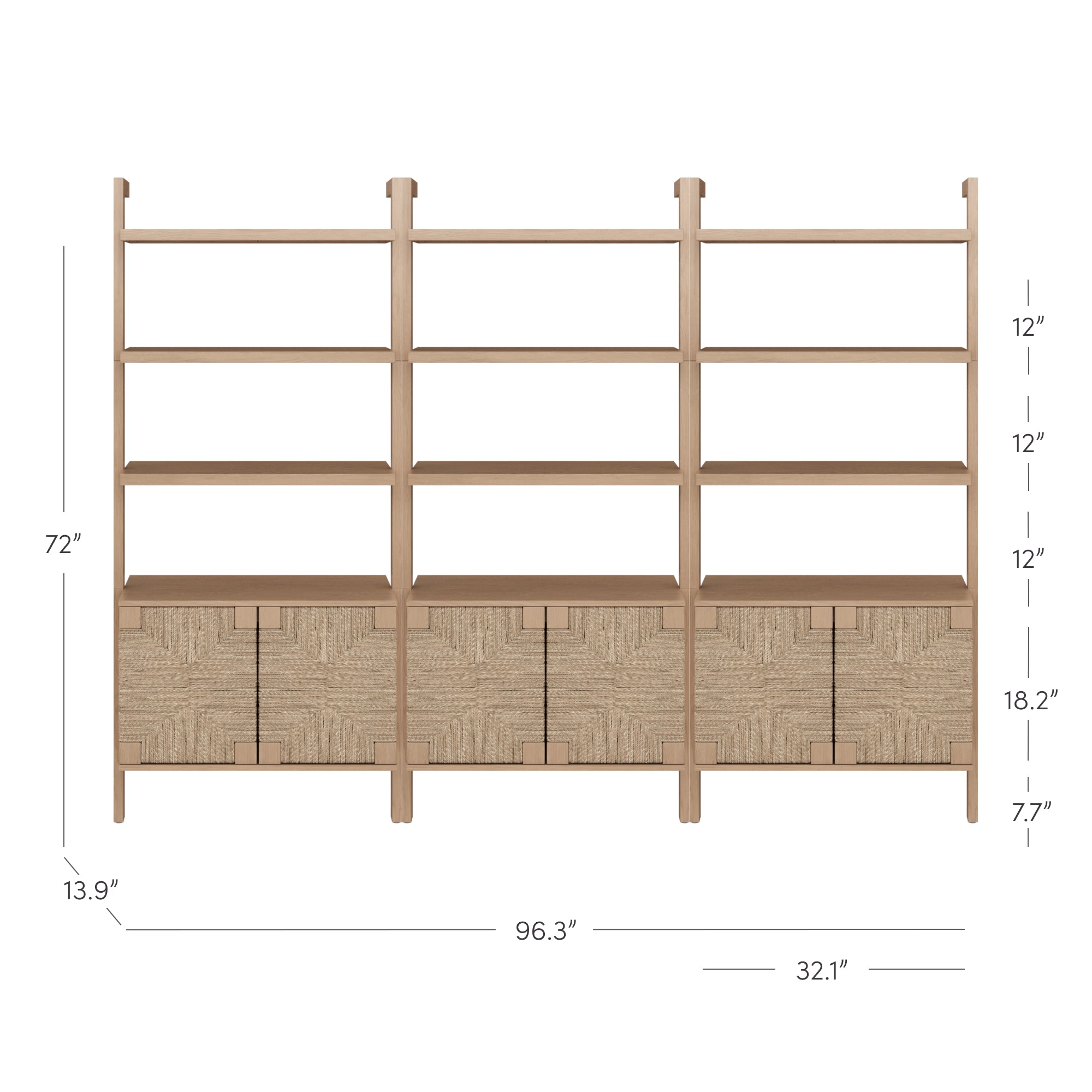A large wooden shelving unit with three sections, each featuring four open shelves above closed cabinets with a textured pattern. Dimensions are labeled: 72 tall, 96.3 wide, 13.9 deep, and individual shelf and cabinet heights.