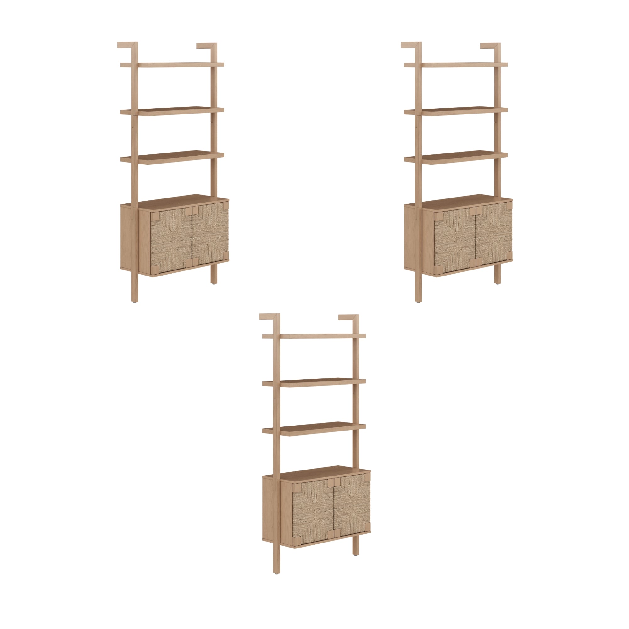 Three identical wooden shelving units with four open shelves and a closed cabinet at the bottom, arranged in a triangular pattern on a white background.