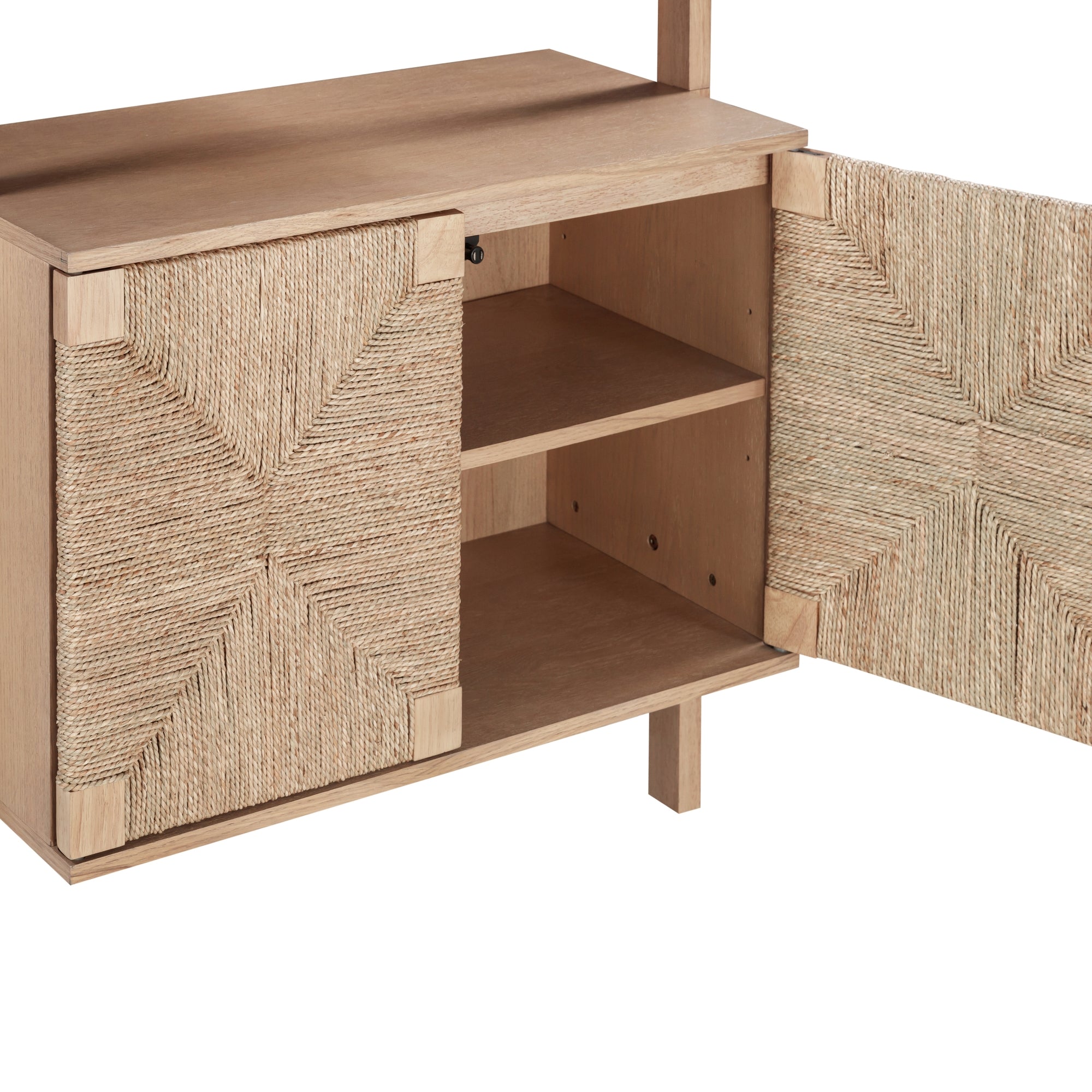 A light wood cabinet with two open doors featuring textured, woven panels. Inside, there is one shelf dividing the storage space into two sections. The design is simple and natural.