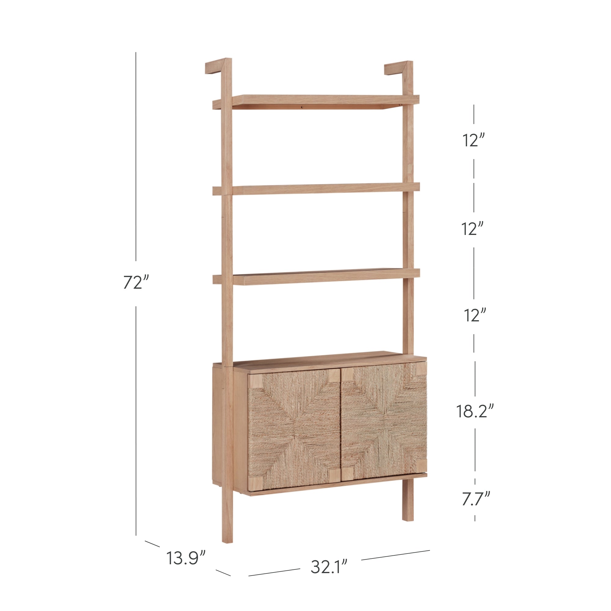 Tall wooden shelving unit with two cabinet doors at the bottom and three open shelves above. Dimensions are 72 high, 32.1 wide, 13.9 deep, with shelves spaced 12 apart and a cabinet height of 18.2.