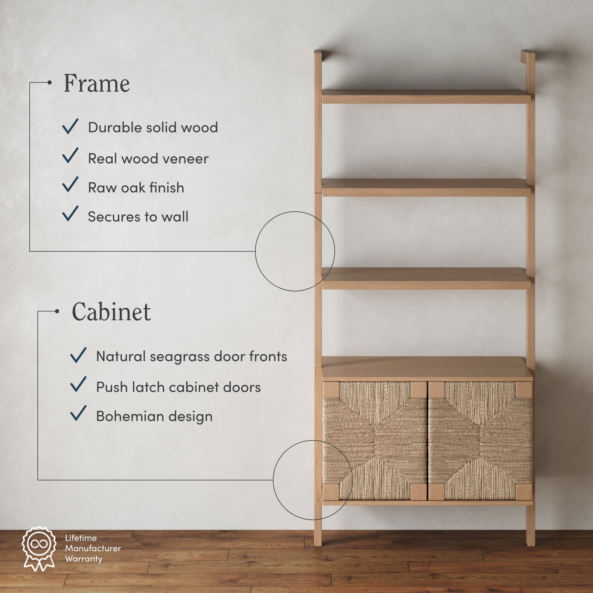 A wooden shelving unit with open shelves on top and a cabinet with woven seagrass doors below. Text highlights features: durable wood, veneer, raw oak finish, secure to wall, seagrass doors, push latch, Bohemian design.