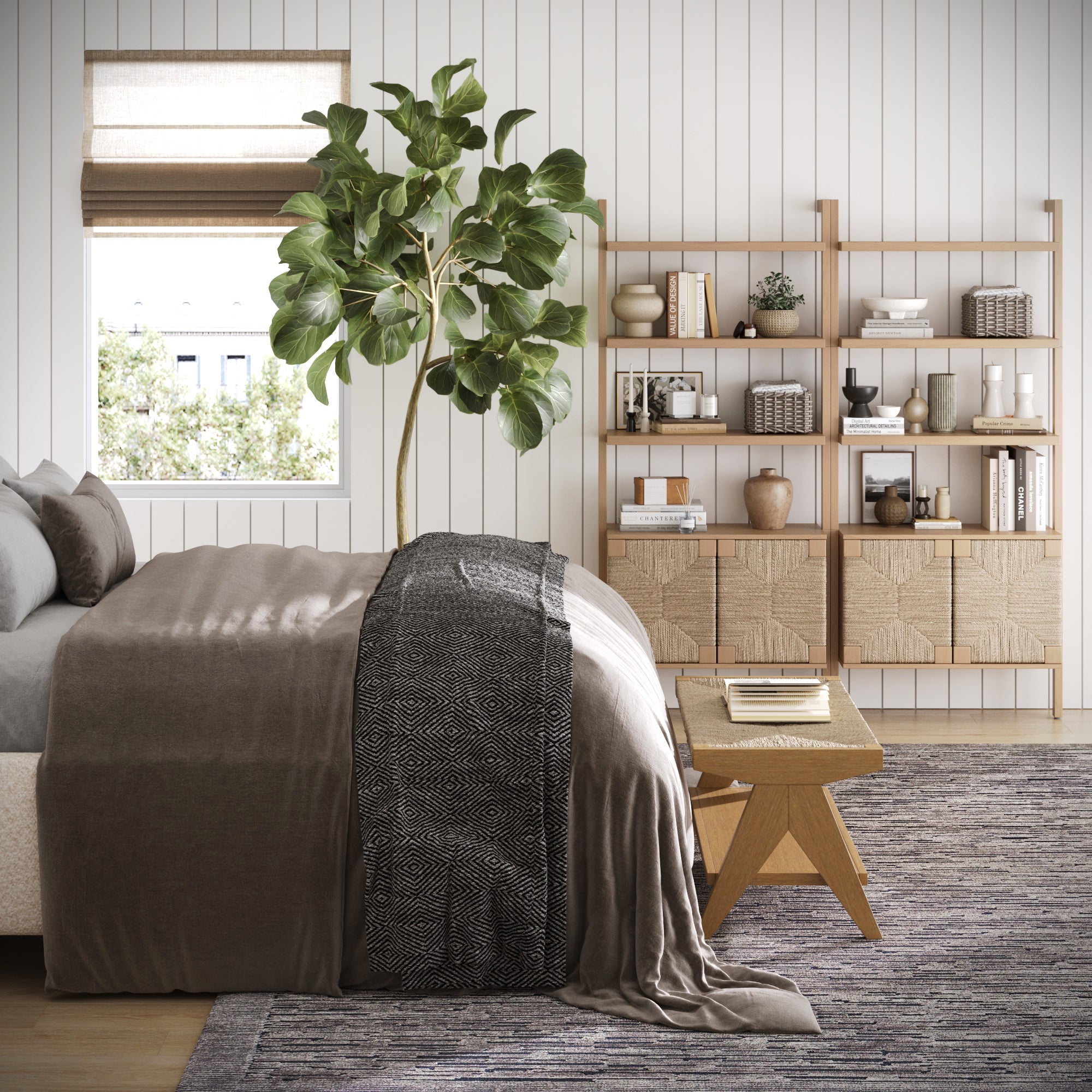A cozy, modern bedroom with a large bed, gray and brown bedding, a wooden side table, tall leafy plant, and the Nathan James Seagrass Wall Bookshelf with Doors in raw oak displaying books and decor. Sunlight filters through a window with a beige shade.