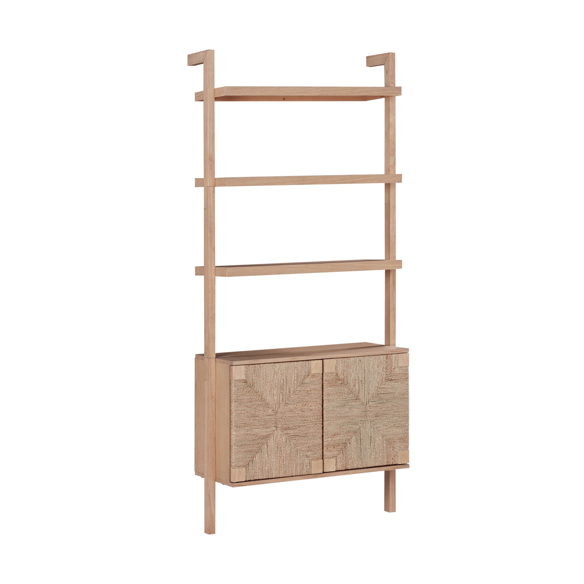 A natural wood shelving unit with two open shelves on top and a cabinet with textured double doors at the bottom, featuring a minimalist, modern design.