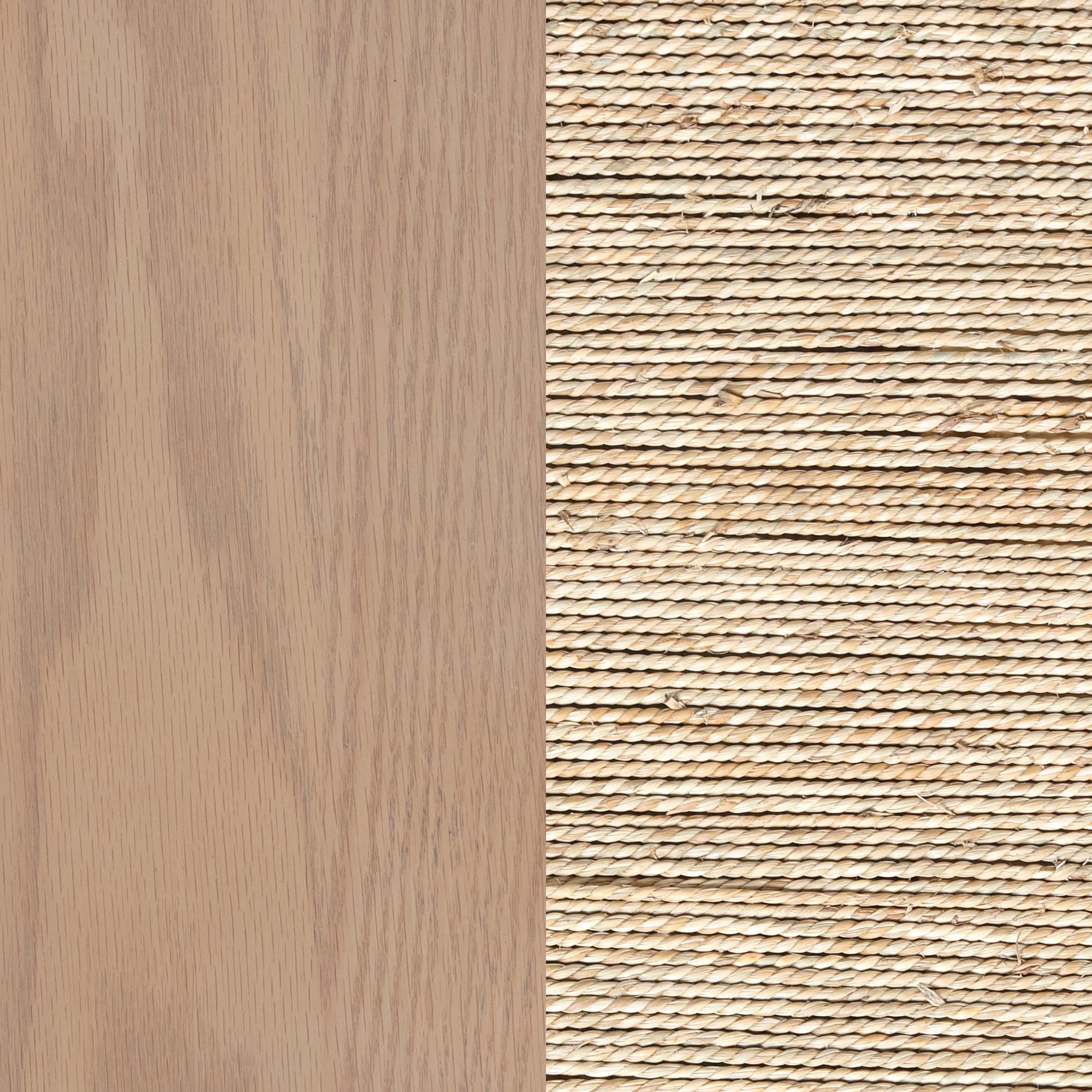 A split surface showing two textures: smooth light wood grain on the left and tightly woven beige rope or straw on the right, creating a contrast between natural materials.