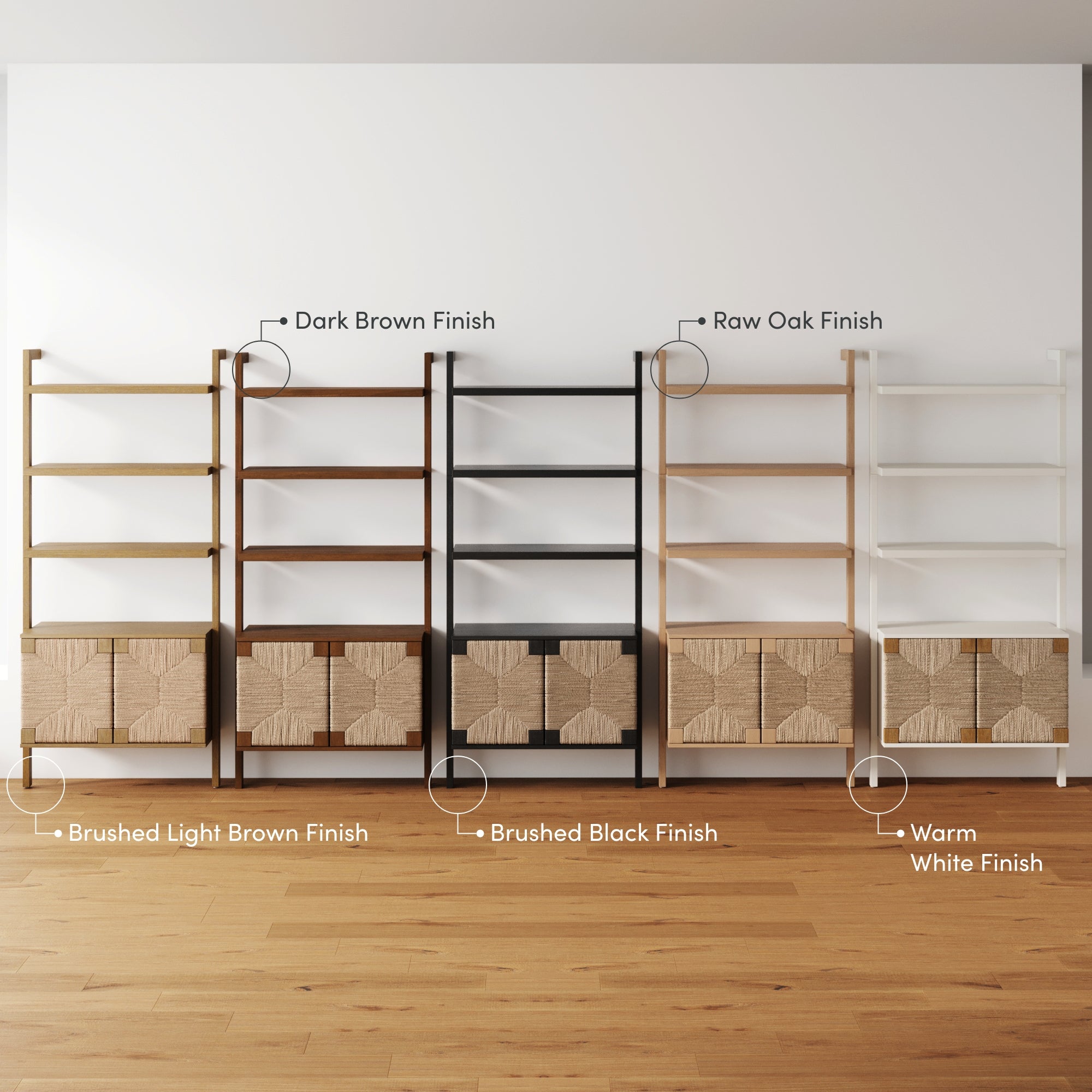 Five shelving units with cabinets in various finishes—brushed light brown, dark brown, brushed black, raw oak, and warm white—stand in a row against a white wall on a light wood floor. Labels indicate each finish.
