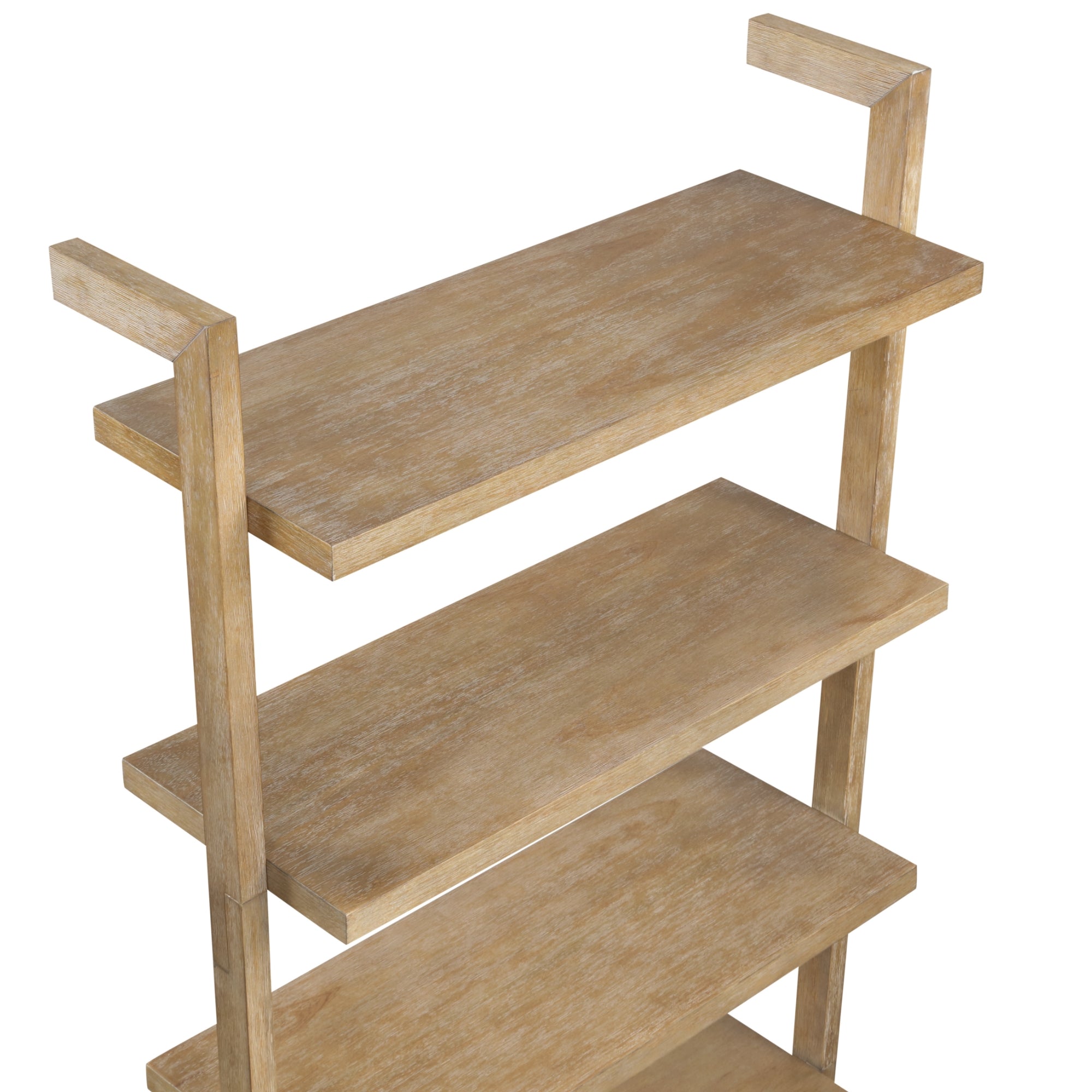 A wooden four-tier shelf unit with a light brown finish, featuring simple, open rectangular side supports and evenly spaced horizontal shelves. The background is plain white.
