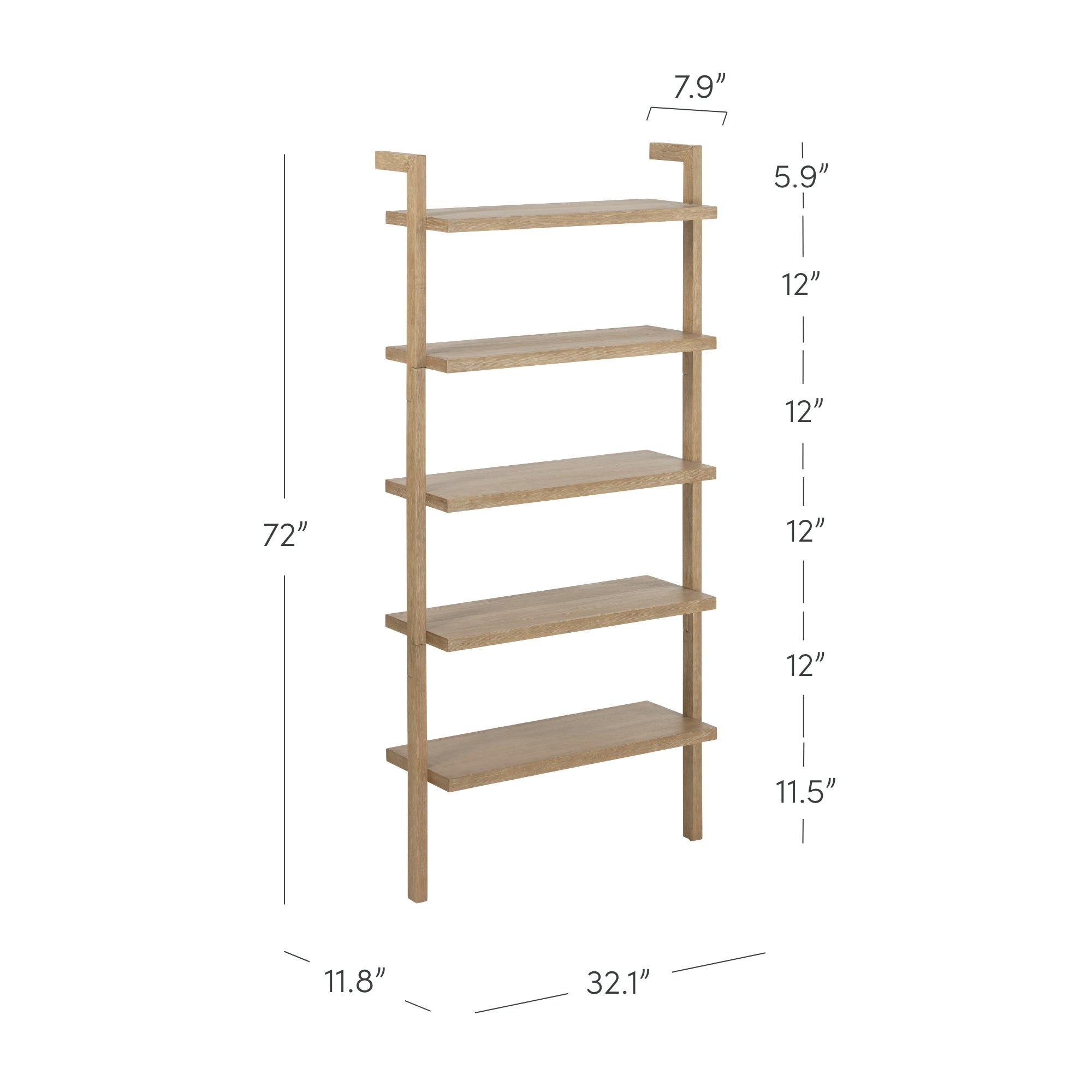 A wooden five-tier bookshelf with open sides and staggered shelf heights. The shelf is 72 inches tall, 32.1 inches wide, and 11.8 inches deep. Shelves are spaced 12 inches apart, except the bottom one at 11.5 inches.