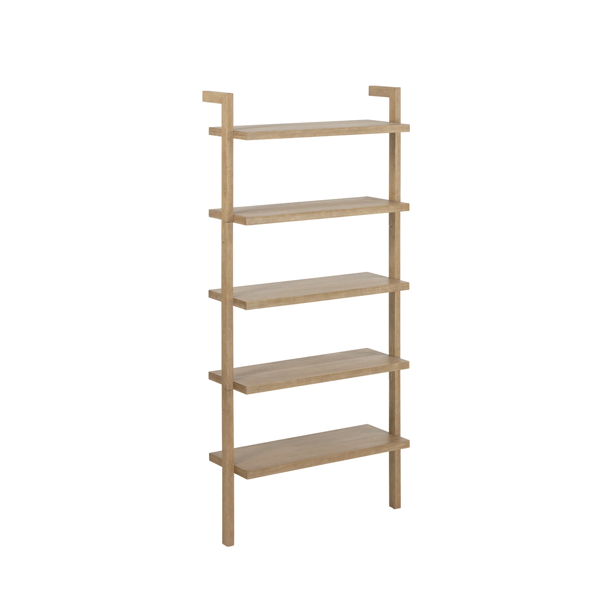 A wooden bookshelf with five shelves, featuring a minimalist open design and a light wood finish, standing on a white background.