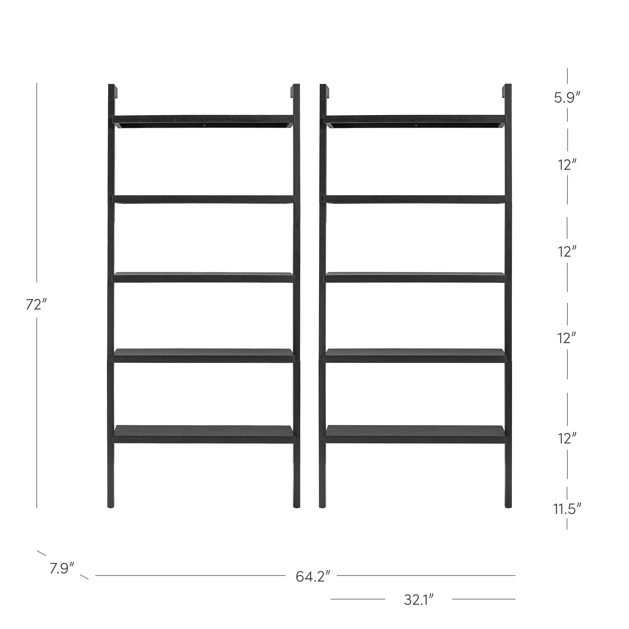 Two tall, black ladder-style bookshelves side by side, each with five shelves. Dimensions are marked: 72 height, 64.2 combined width, 32.1 width each, and various shelf heights ranging from 5.9 to 12.