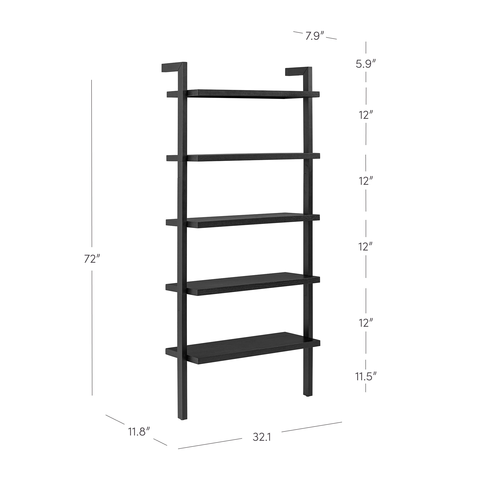 Black ladder-style bookshelf with five shelves. Dimensions are 72 inches tall, 32.1 inches wide, and 11.8 inches deep. Shelf heights are labeled; the top shelf is 5.9 inches high, the rest are 12 inches apart, except the bottom shelf (11.5 inches).