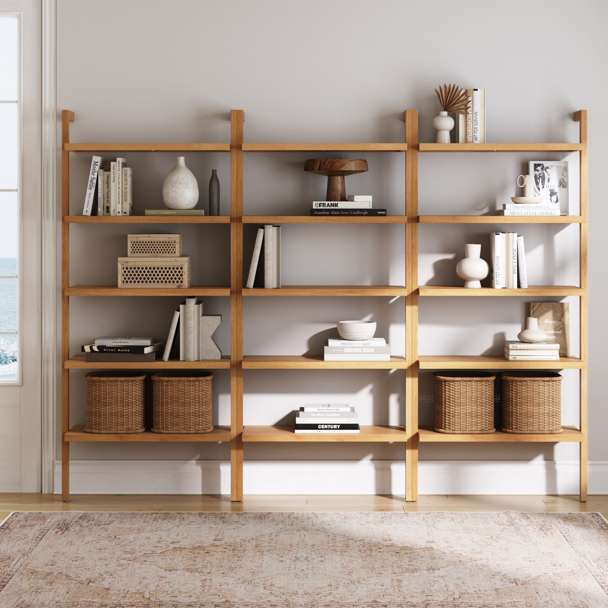 Wood 5-Shelf Ladder Wall Bookshelf Warm Pine (Set of 3)