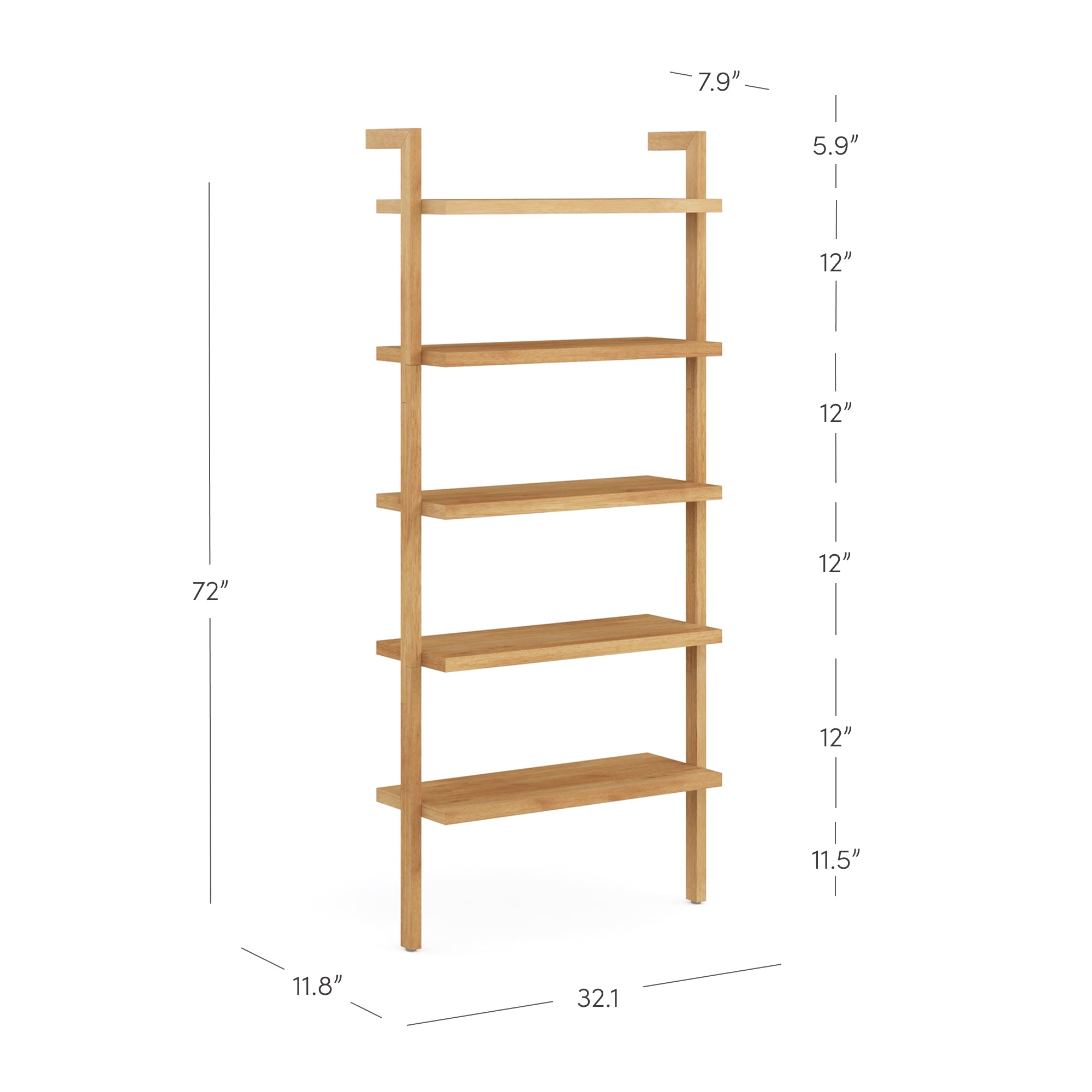 A wooden ladder-style bookshelf with five shelves. Dimensions are 72 tall, 32.1 wide, and 11.8 deep. Shelf spacing varies from 5.9 to 12; top shelf depth is 7.9, bottom shelf depth is 11.5.
