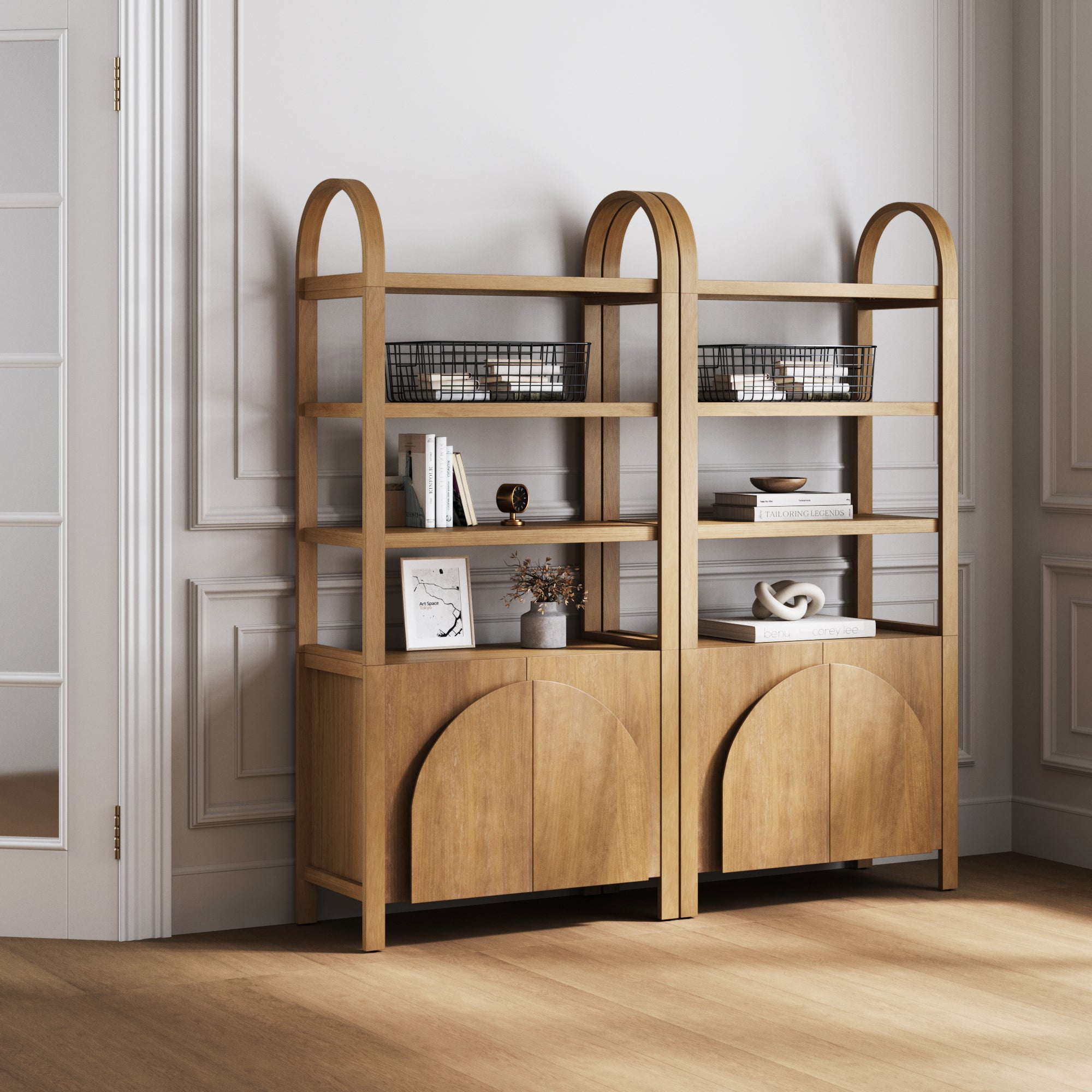 Mid-Century Arched Bookshelves with Doors Light Brown (Set of 2) - Nathan James