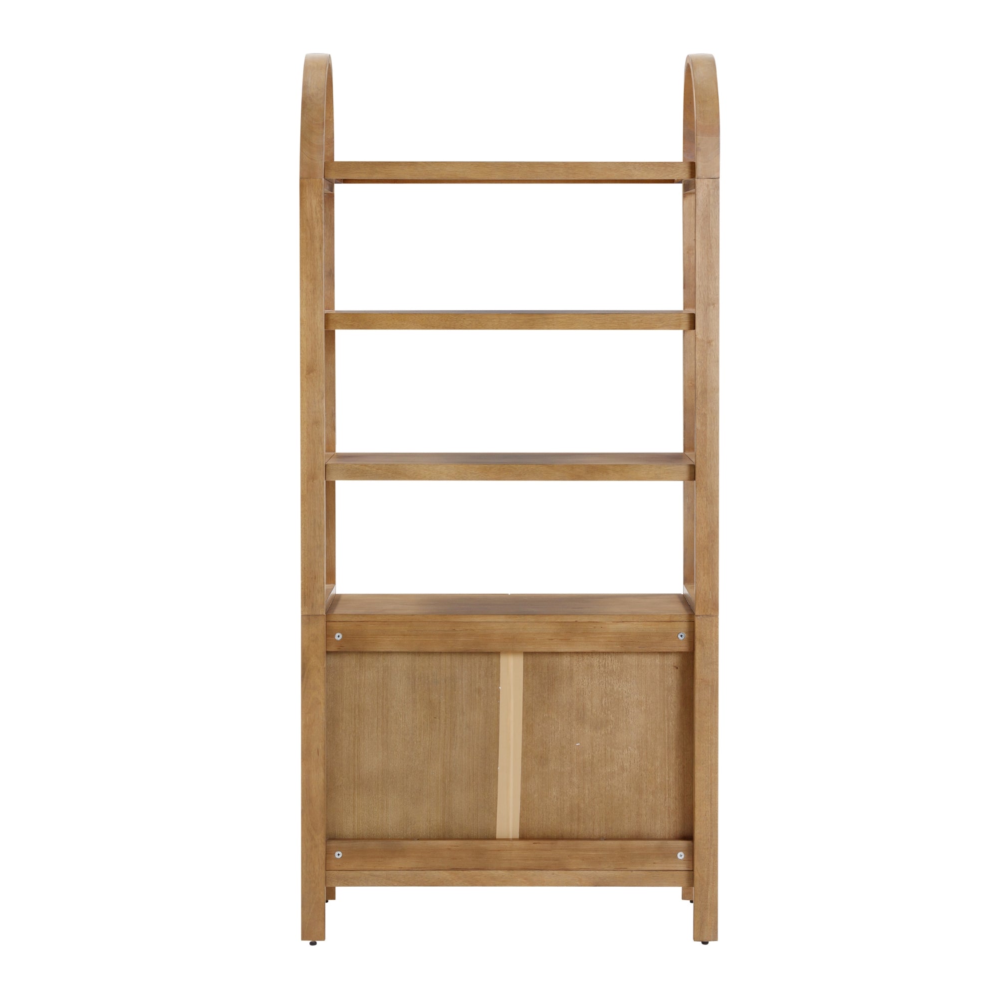 Front view of a wooden shelving unit with three open shelves at the top and a closed cabinet with a vertical panel at the bottom. The sides of the unit are curved at the top.