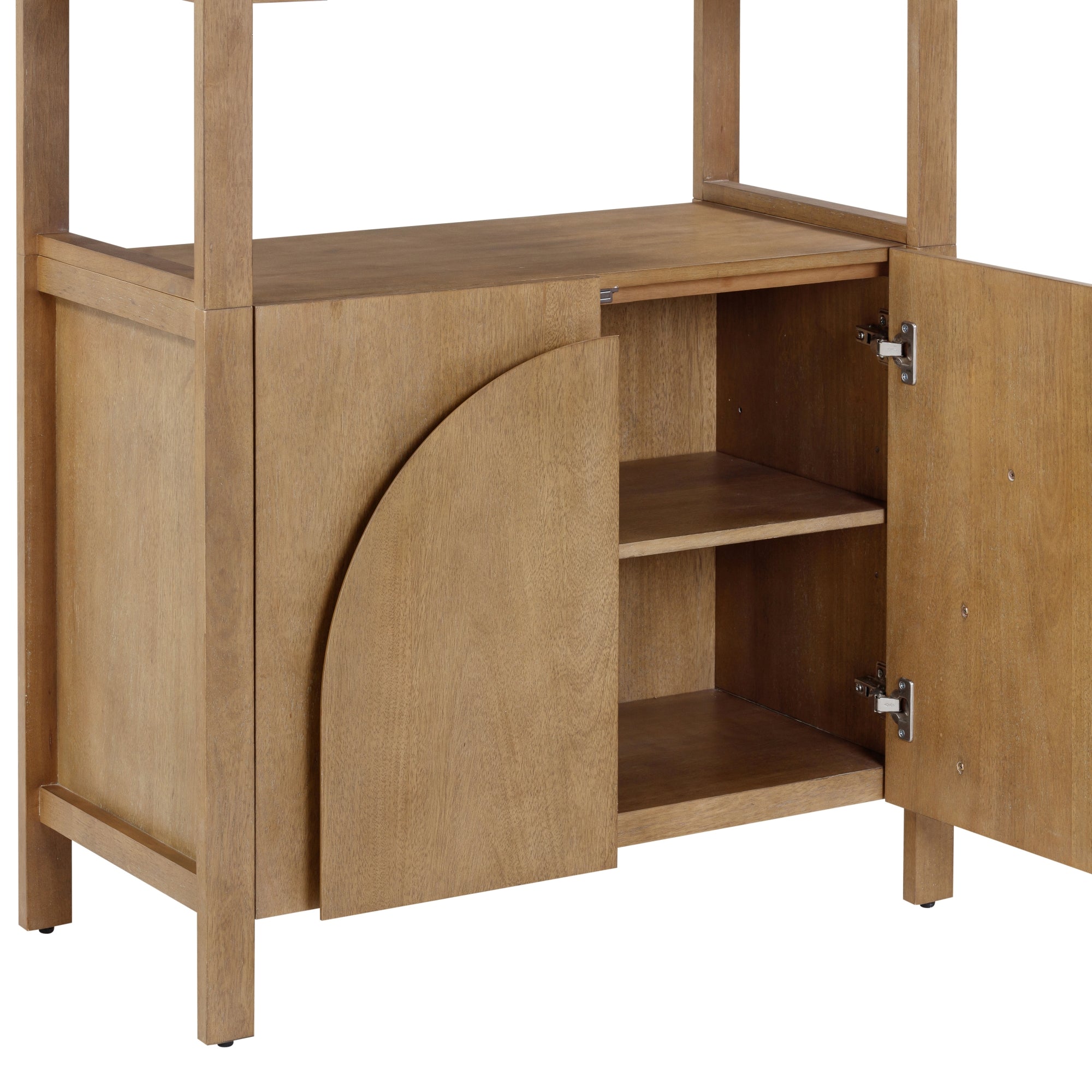 A wooden cabinet with one door open, revealing two interior shelves. The cabinet has a simple design with a curved pattern on the door, and it stands on four straight legs.
