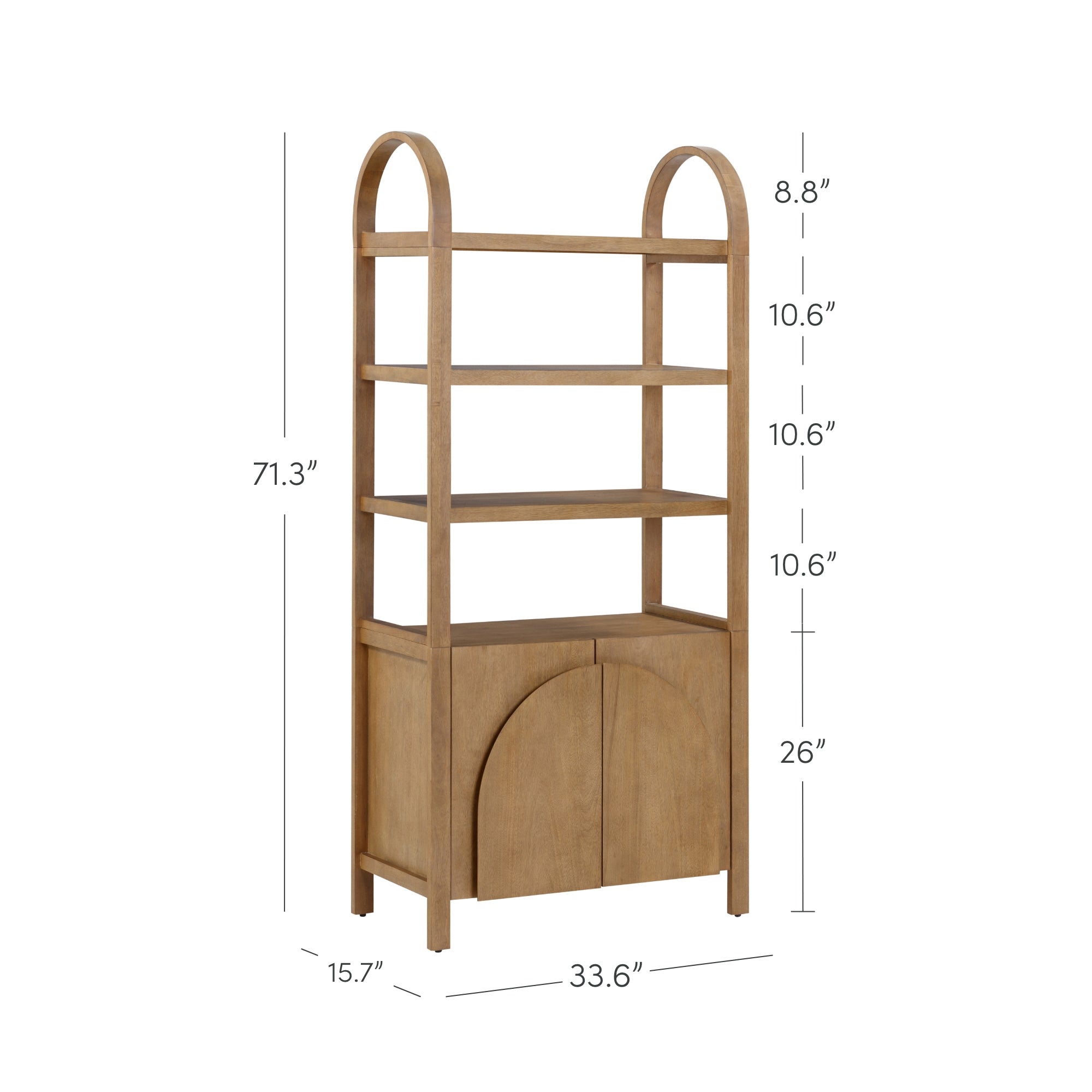 A tall wooden bookshelf with arched sides, three open shelves, and a two-door cabinet at the bottom. Dimensions are labeled: 71.3 tall, 33.6 wide, 15.7 deep, with shelf heights of 8.8, 10.6, 10.6, and a 26 cabinet.