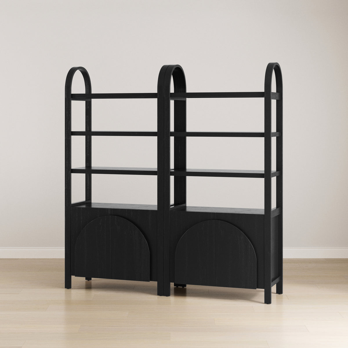 Mid-Century Arched Bookshelves with Doors Black (Set of 2)