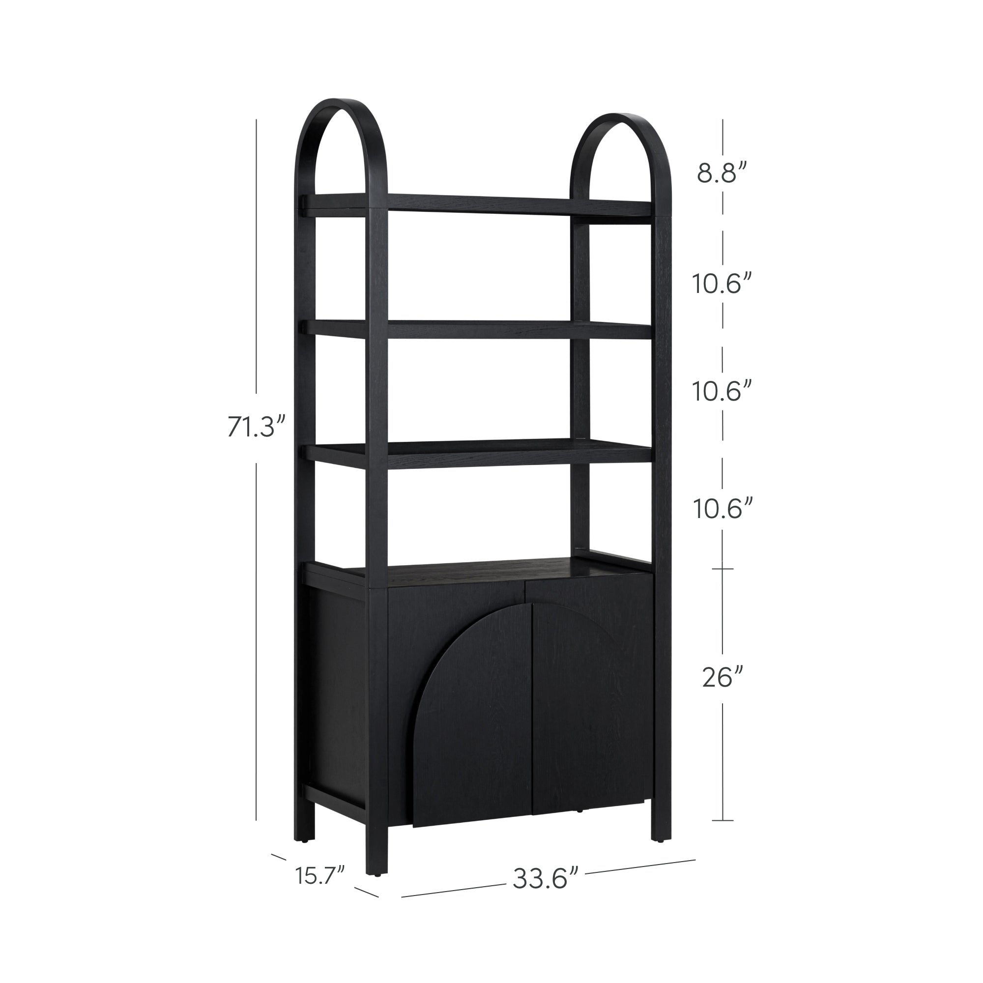Black arched bookshelf with four open shelves and a two-door cabinet at the bottom. Dimensions are 71.3 tall, 33.6 wide, 15.7 deep, with shelf heights labeled as 8.8, 10.6, 10.6, and 26.