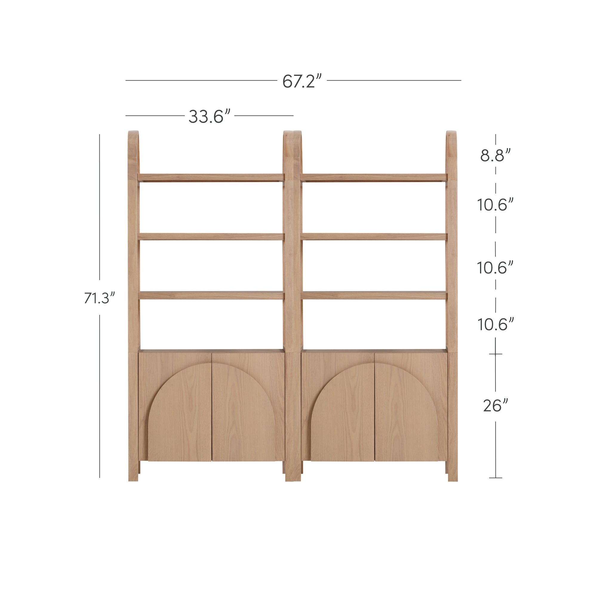 Light wood double bookshelf with three open shelves and two closed cabinets at the bottom. Dimensions are labeled: 71.3 tall, 67.2 wide, each section 33.6 wide; shelf heights: 8.8, 10.6 (three times), cabinets 26 tall.