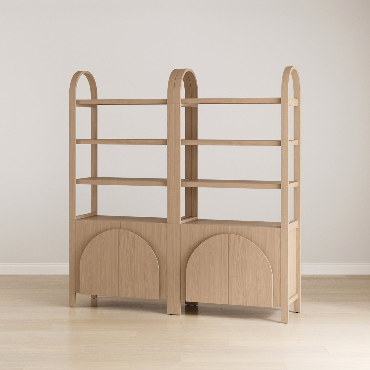 Mid-Century Arched Door Bookshelf with Doors Raw Oak (Set of 2)