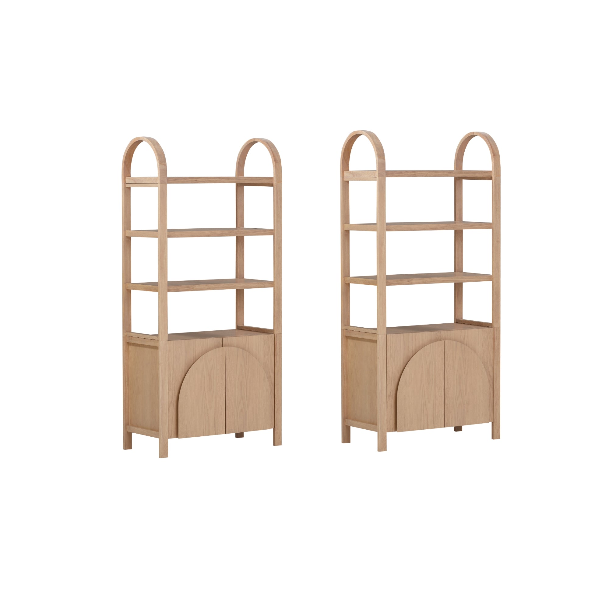 Two tall, light wood bookshelves with three open shelves each and arched tops. Each has a closed cabinet with double doors featuring a semi-circular design at the bottom. Shelves are empty and set against a white background.